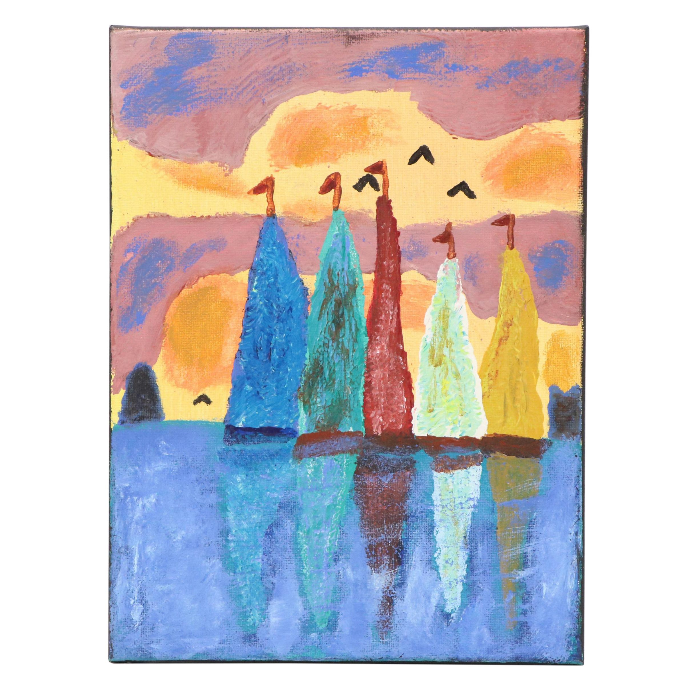 Richard Balsbaugh Acrylic Painting of Maritime Scene at Sunset, 2025