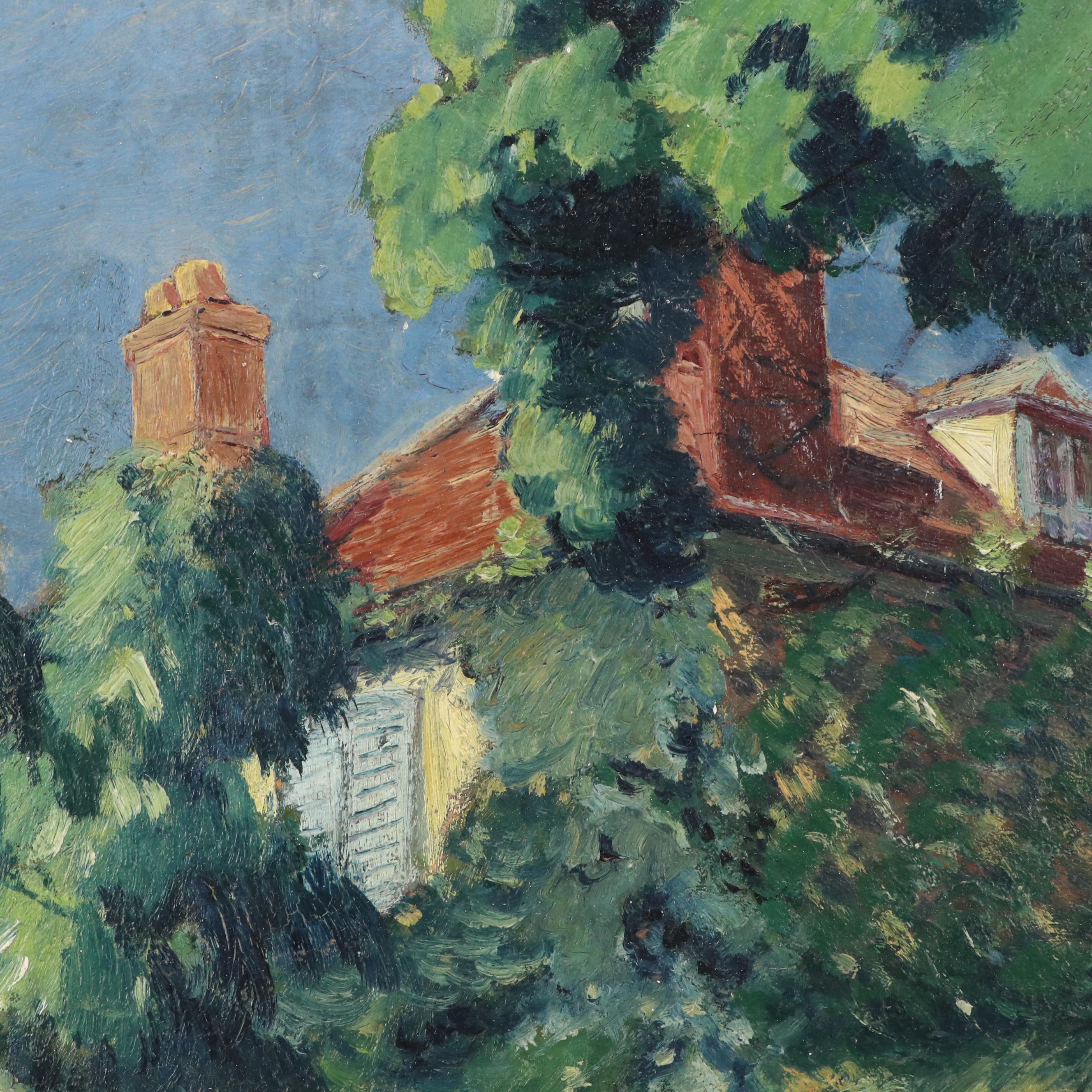 European Garden Oil Painting of Vine-Covered House
