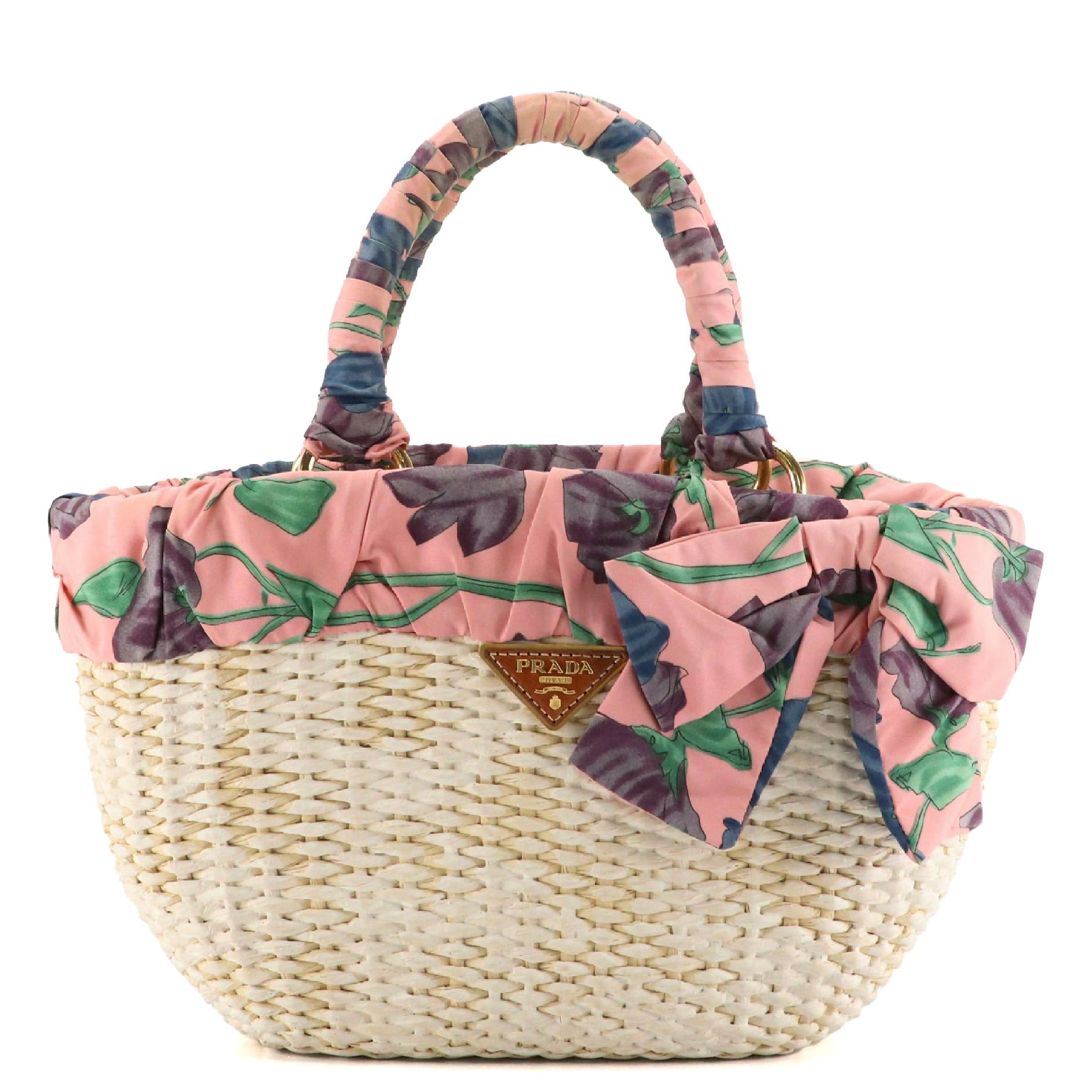 Prada Two-Way Basket Tote in Woven Straw and Floral Ribbon Fabric