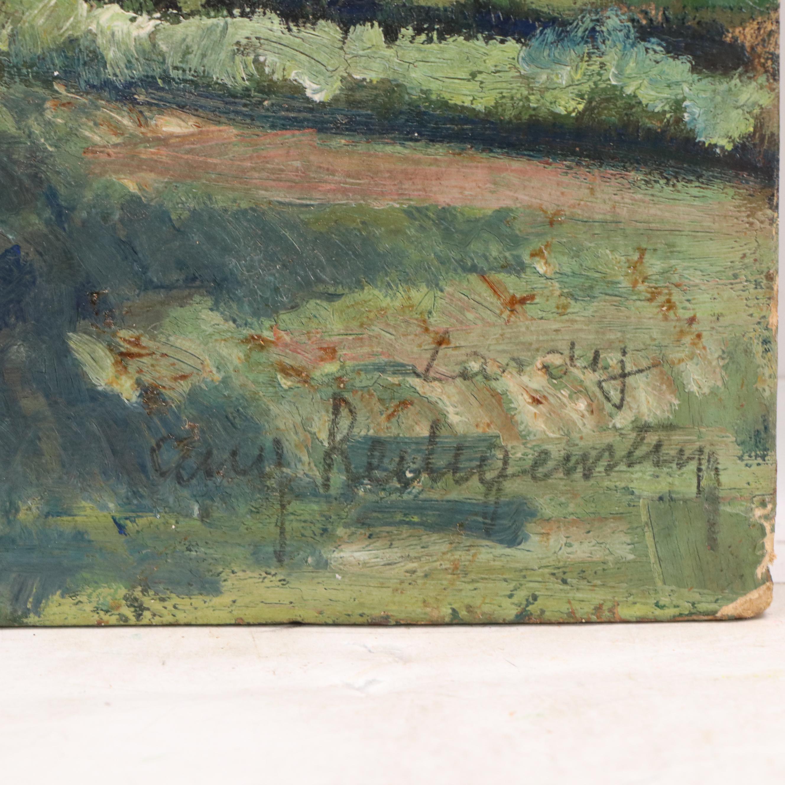 European Garden Oil Painting of Vine-Covered House