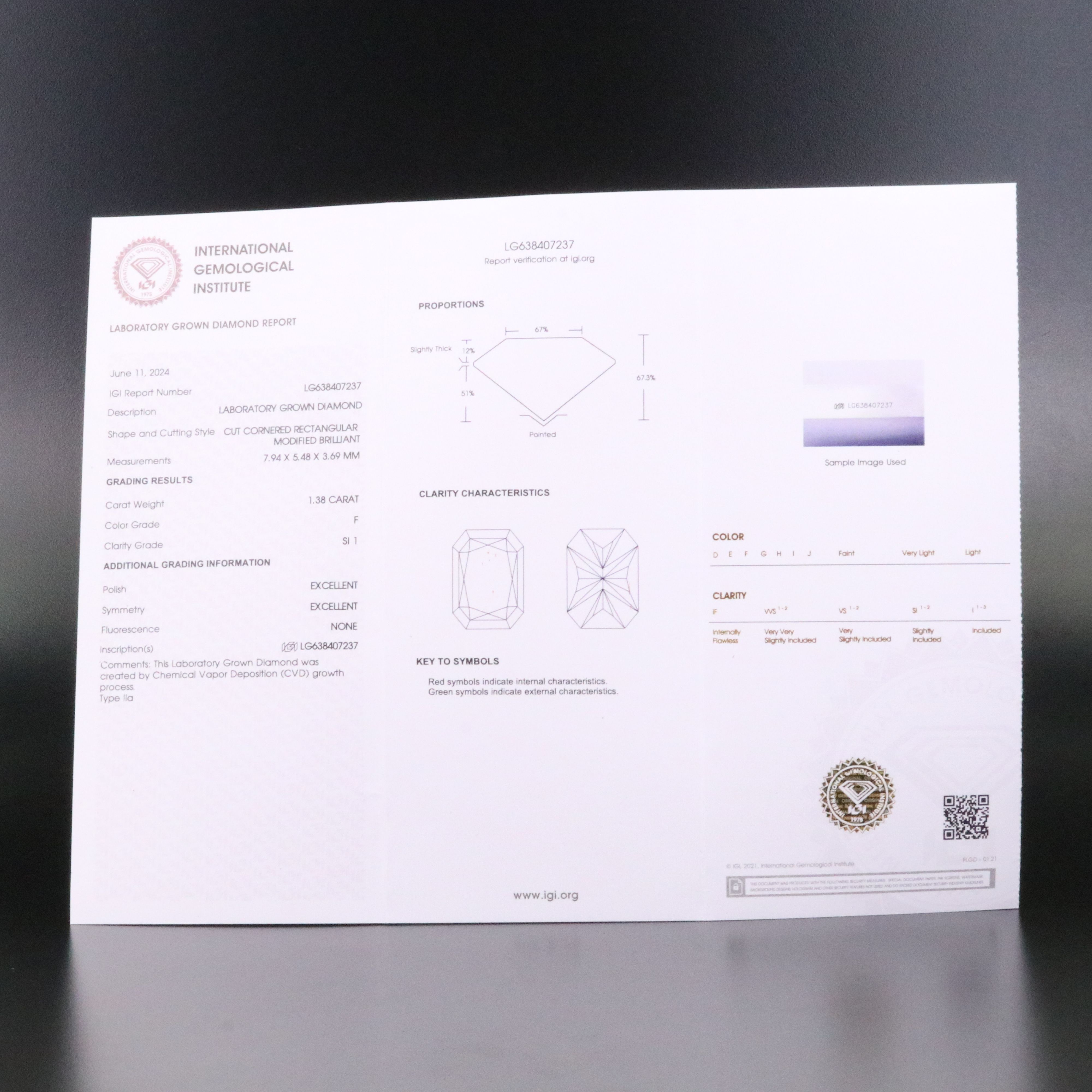 Loose 1.38 CT Lab Grown Diamond with IGI Report