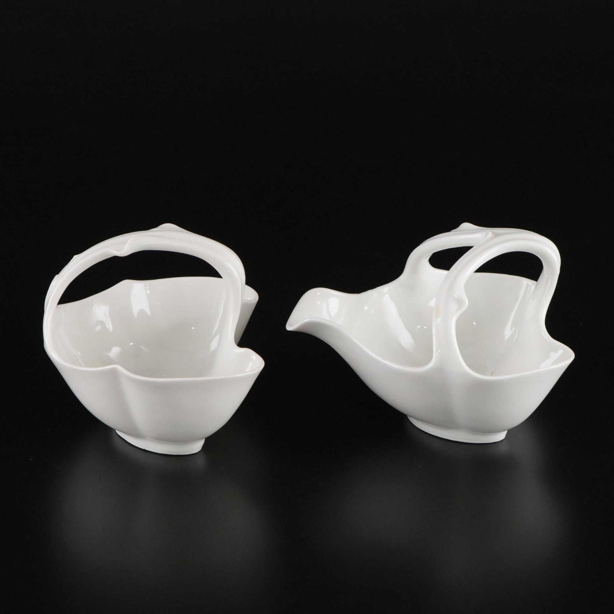 Haeger Porcelain Pedestal Planter with Limoges Basket Handled Creamer and Sugar