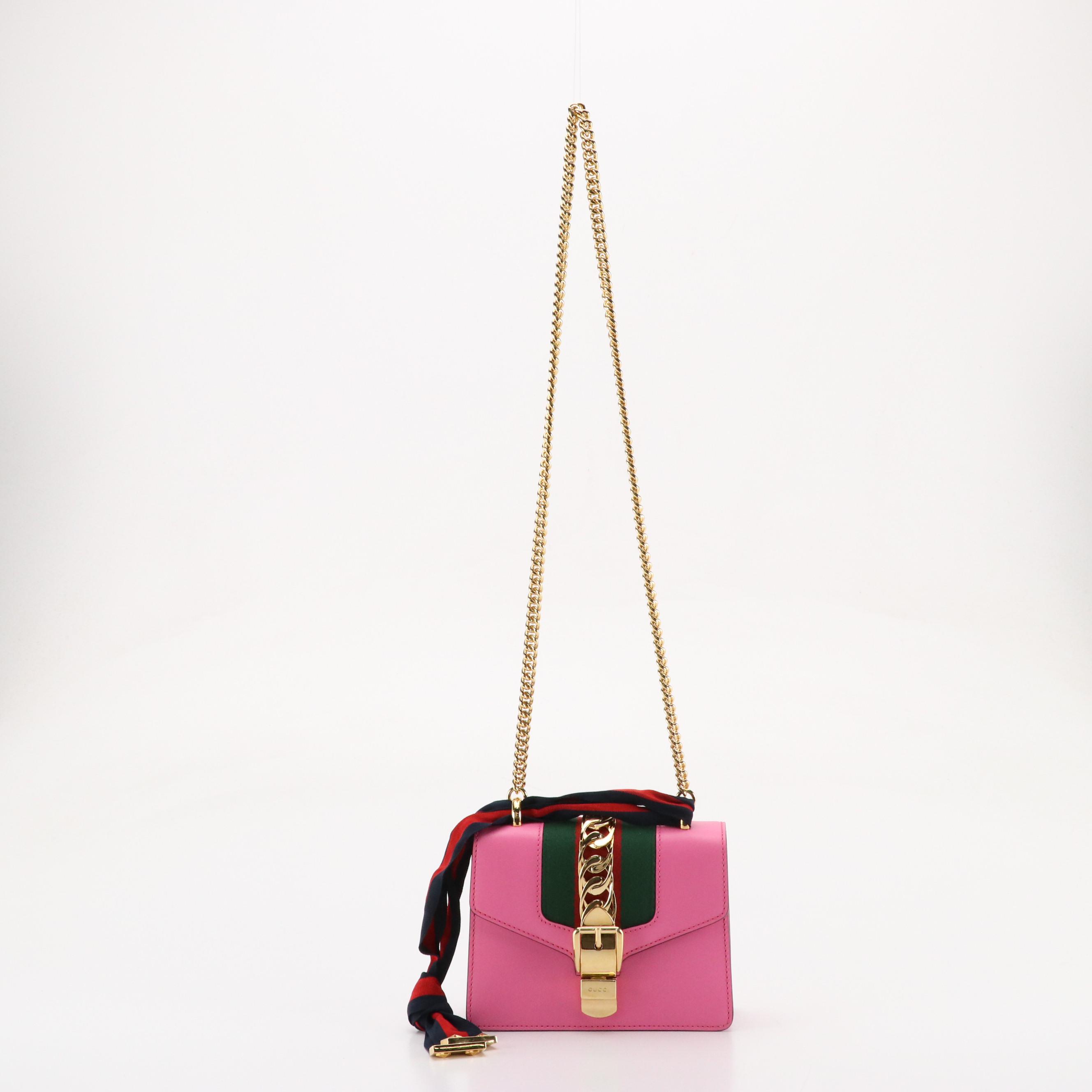 Gucci Small Sylvie Two-Way Shoulder Bag in Web Striped Pink Calfskin Leather