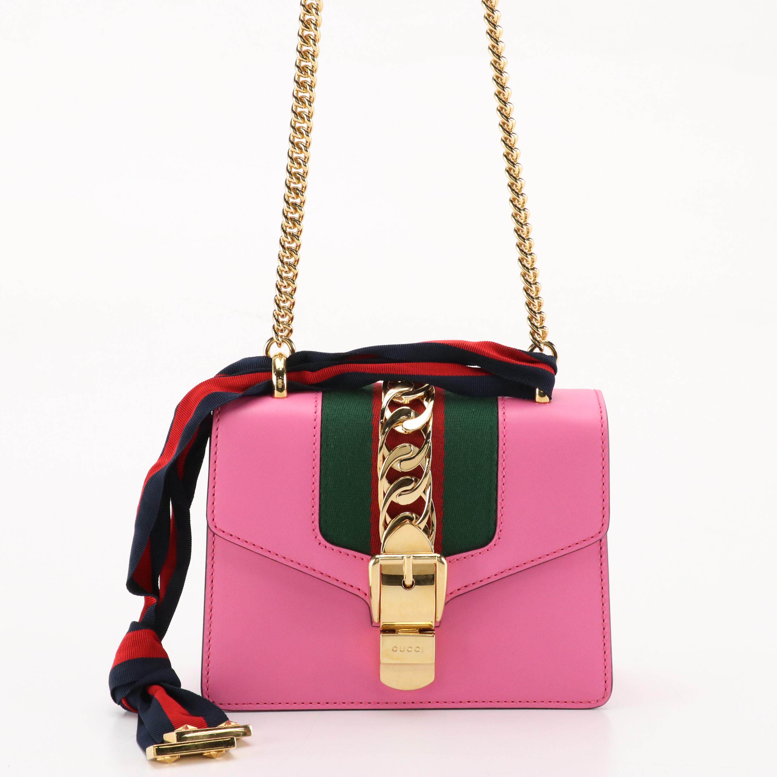Gucci Small Sylvie Two-Way Shoulder Bag in Web Striped Pink Calfskin Leather