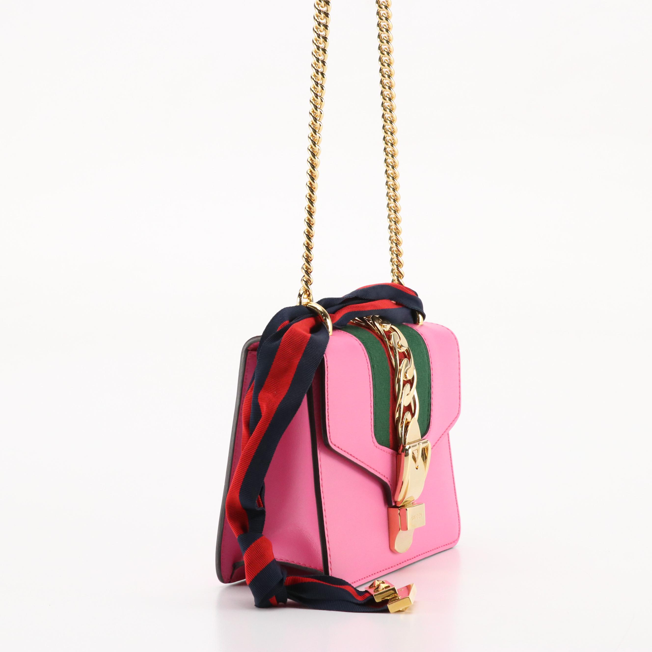 Gucci Small Sylvie Two-Way Shoulder Bag in Web Striped Pink Calfskin Leather