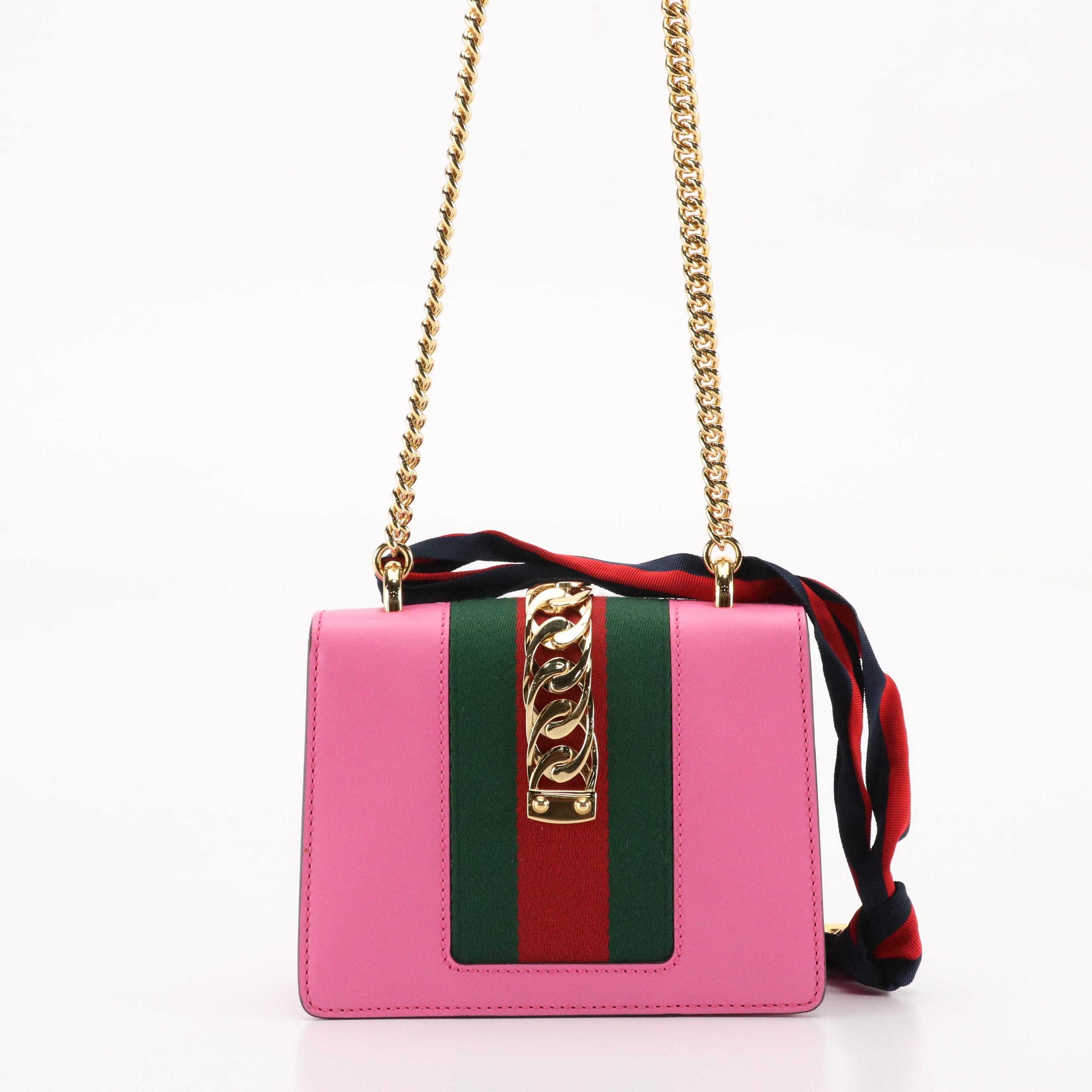 Gucci Small Sylvie Two-Way Shoulder Bag in Web Striped Pink Calfskin Leather