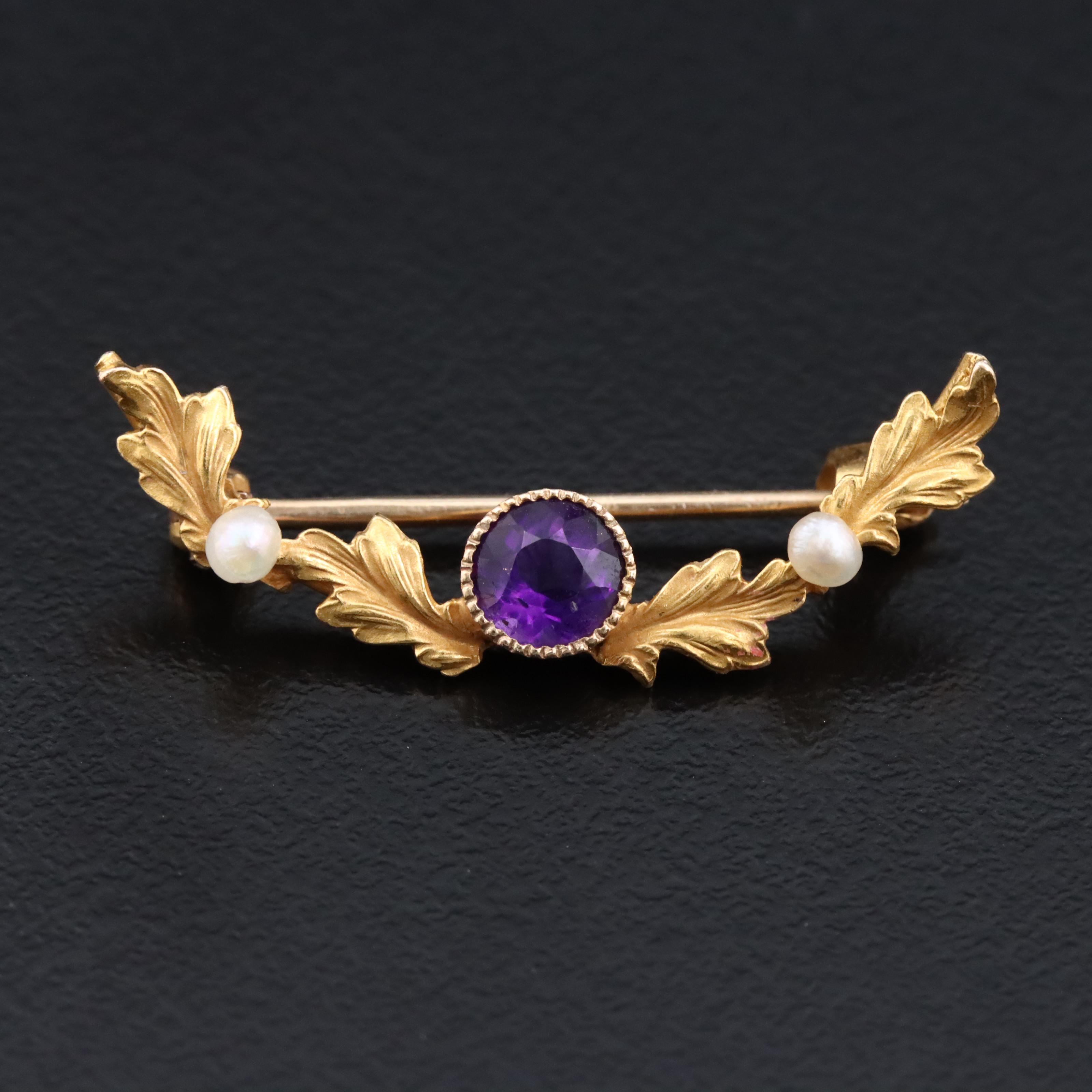 Antique Kohn & Co. Inc. 10K Amethyst and Seed Pearl Leaf Pin