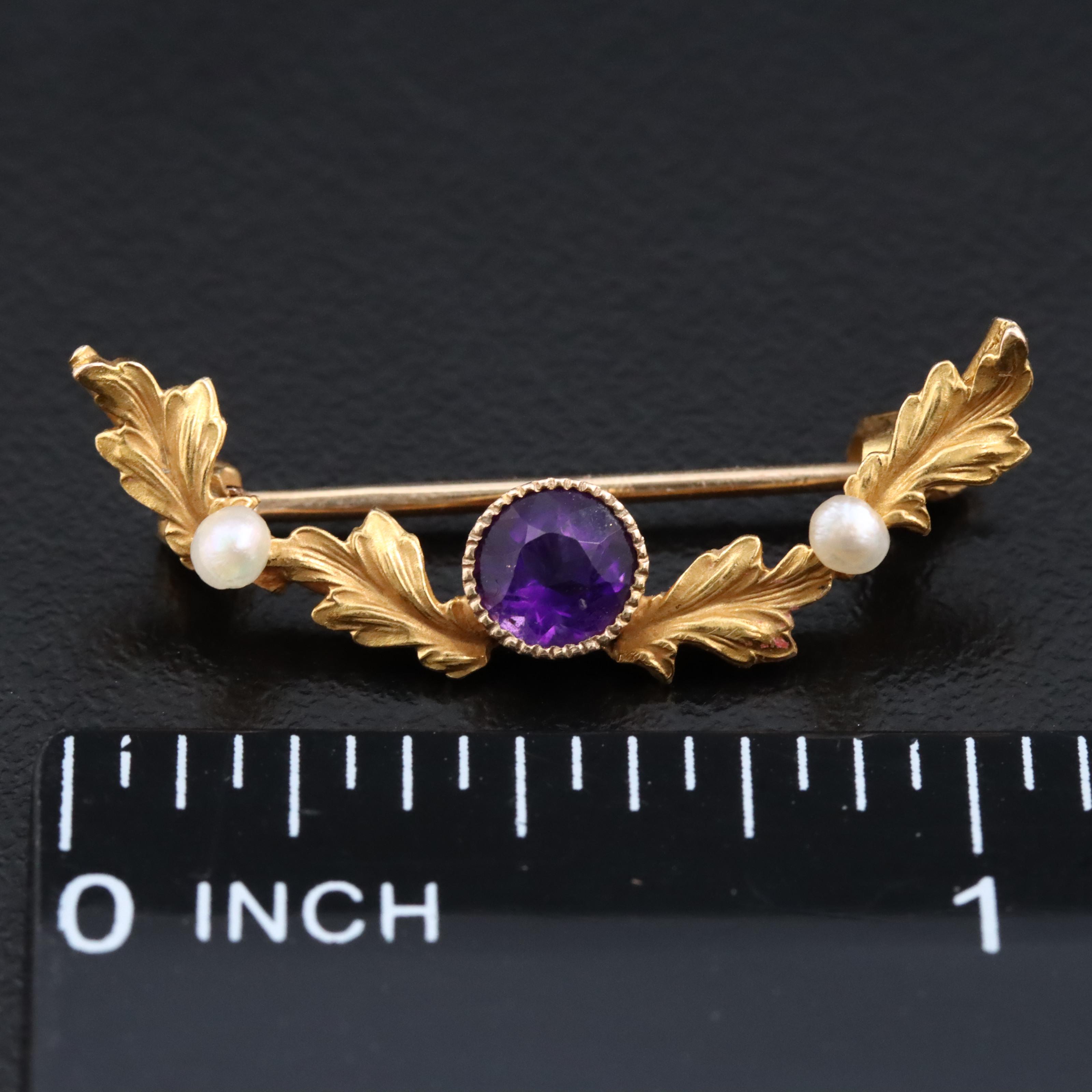 Antique Kohn & Co. Inc. 10K Amethyst and Seed Pearl Leaf Pin