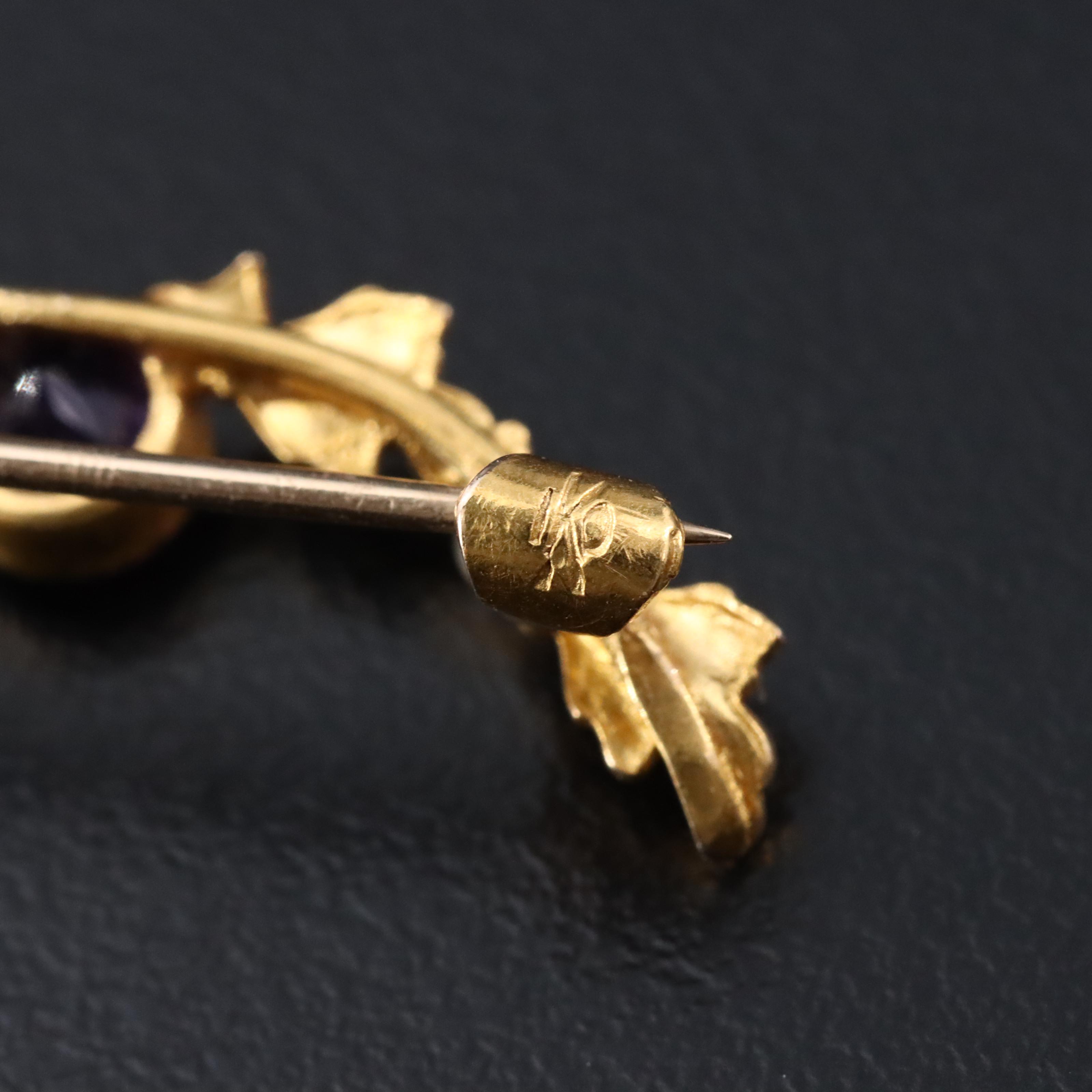 Antique Kohn & Co. Inc. 10K Amethyst and Seed Pearl Leaf Pin