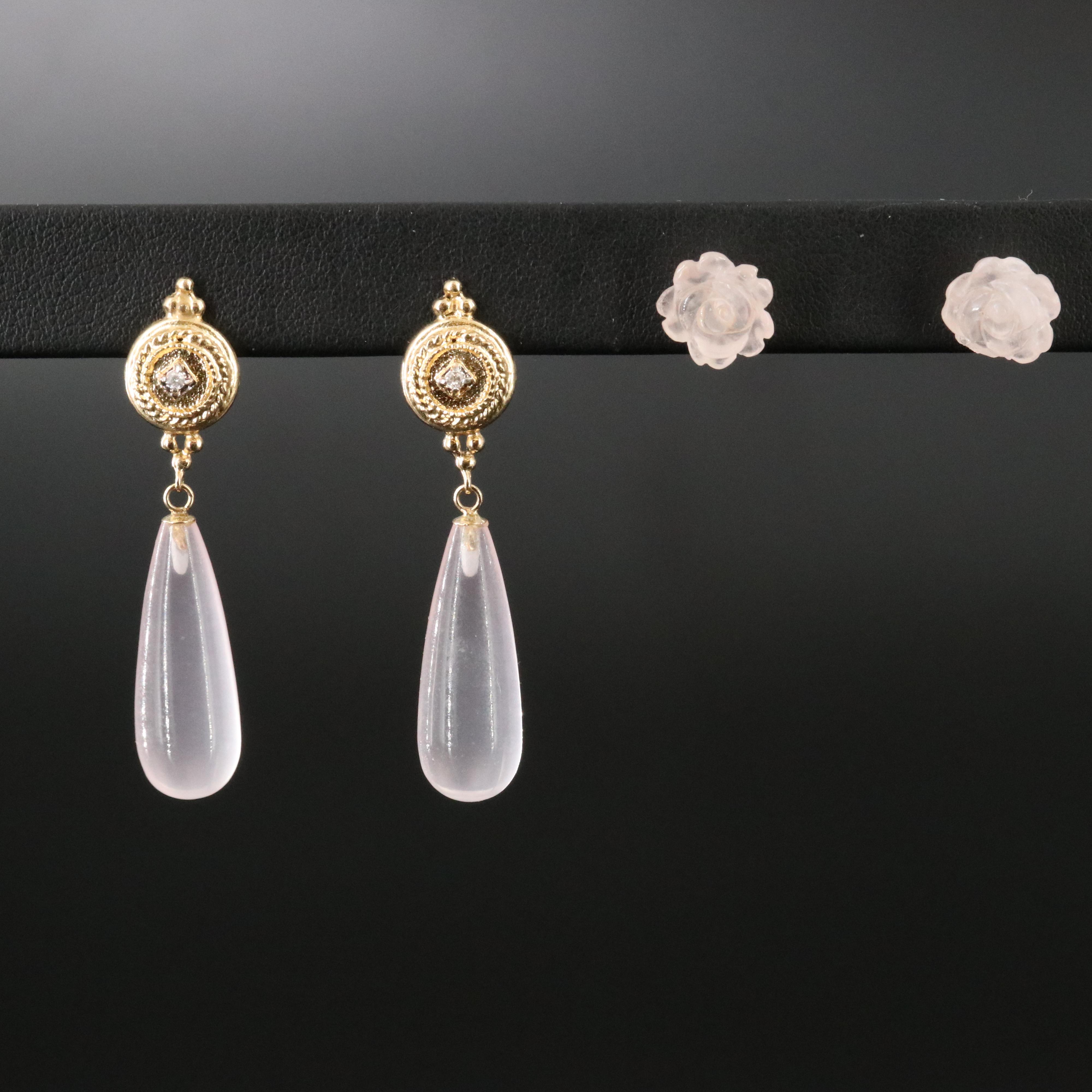 14K Rose Quartz and Diamond Earrings
