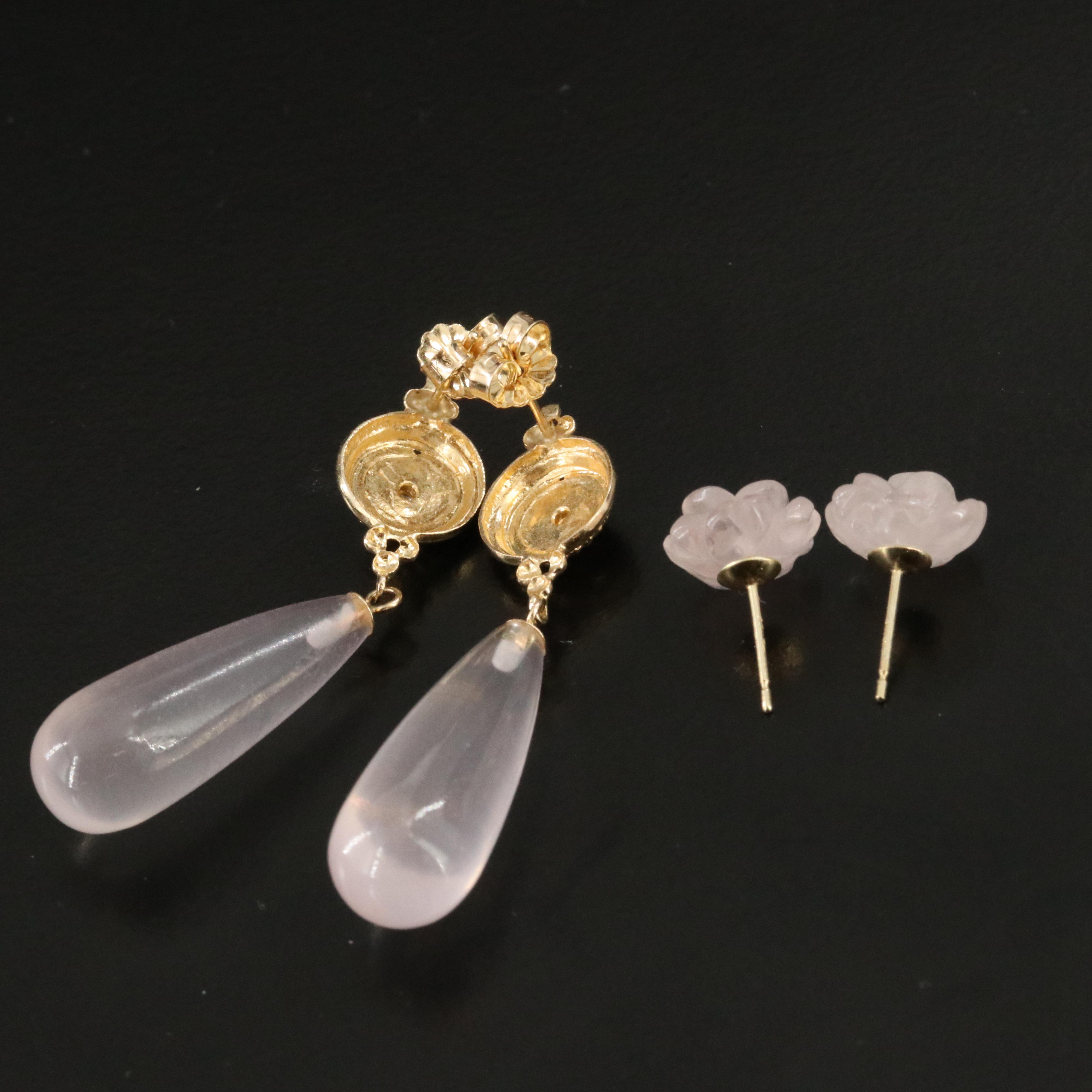 14K Rose Quartz and Diamond Earrings