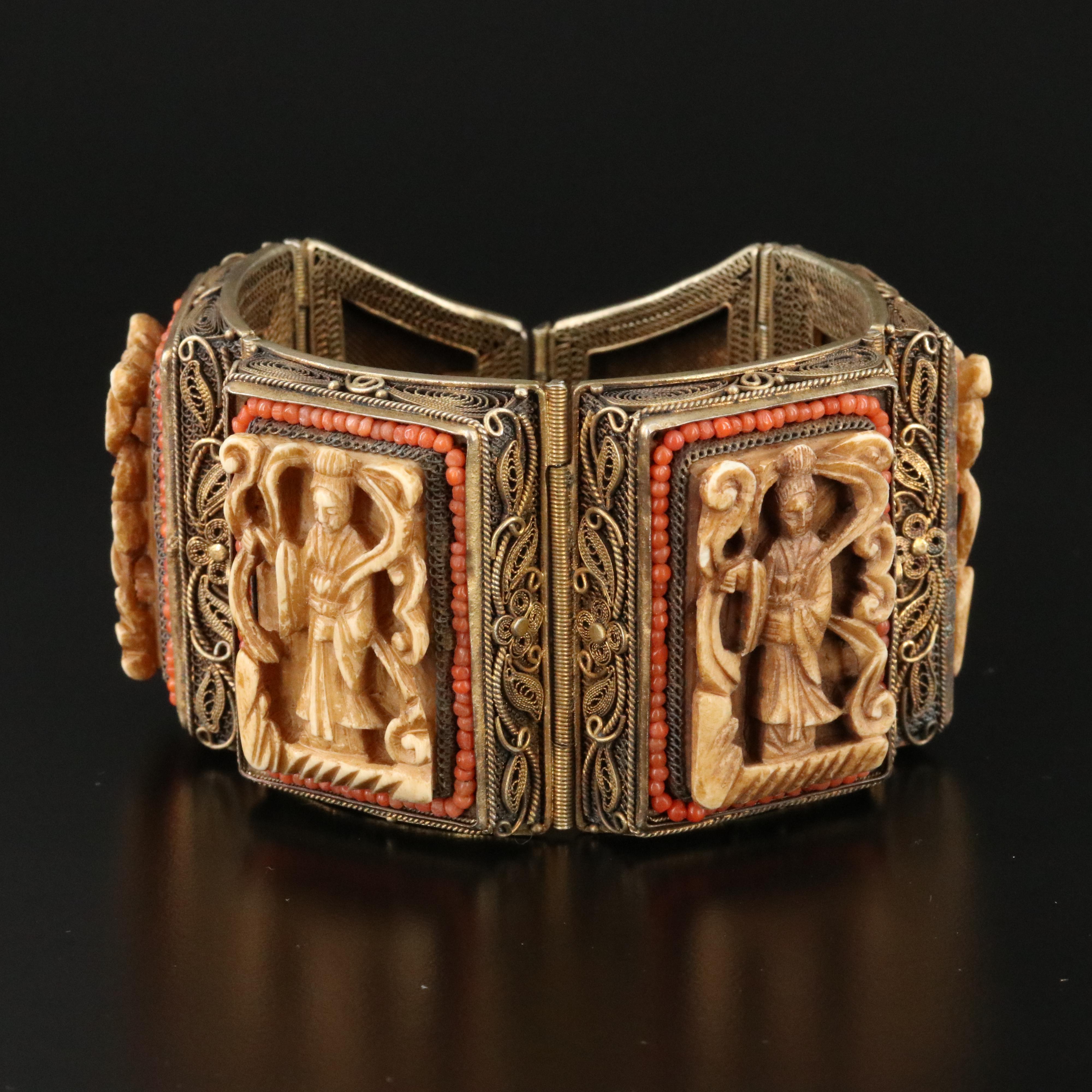 Chinese Sterling Bone and Coral Longevity Panel Bracelet
