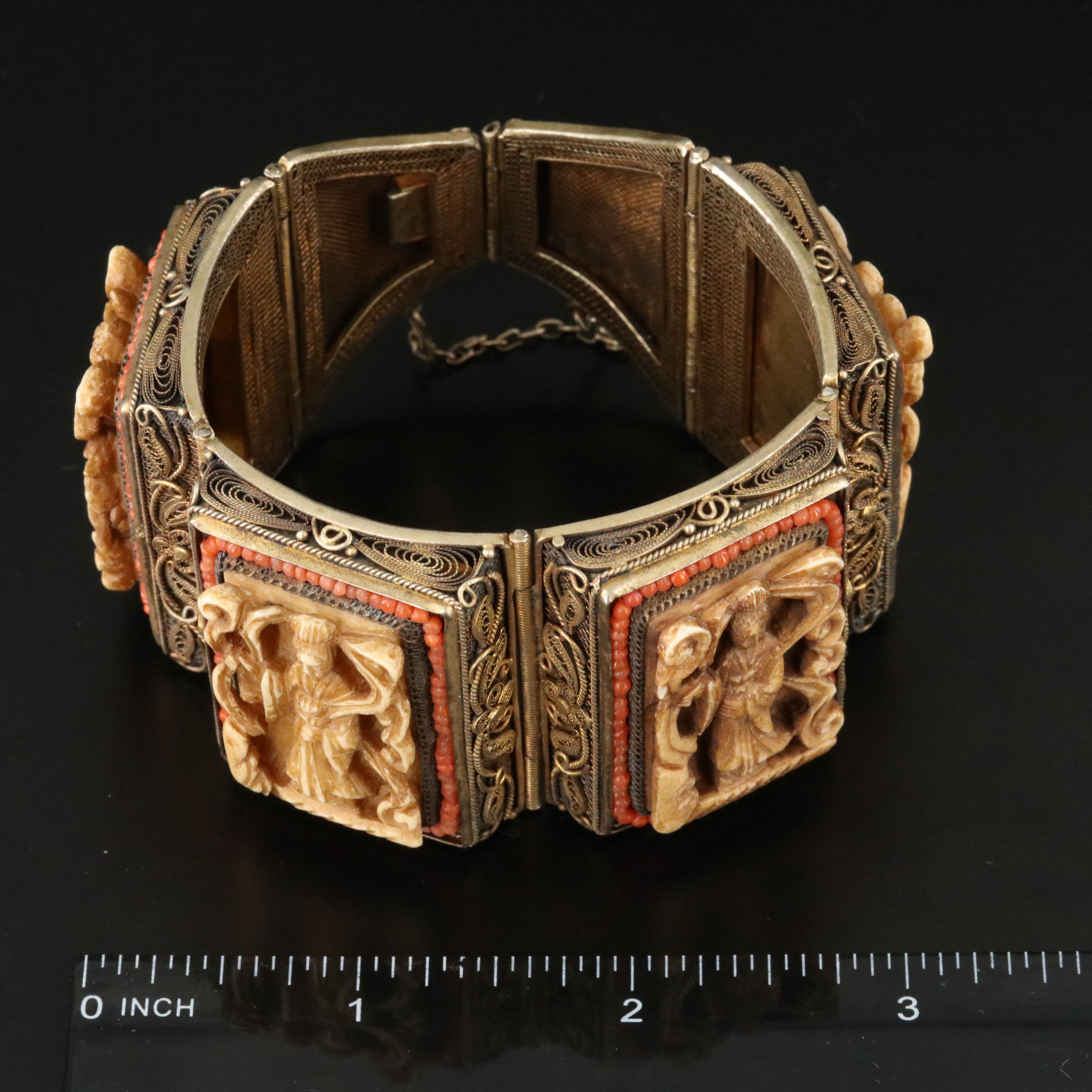 Chinese Sterling Bone and Coral Longevity Panel Bracelet