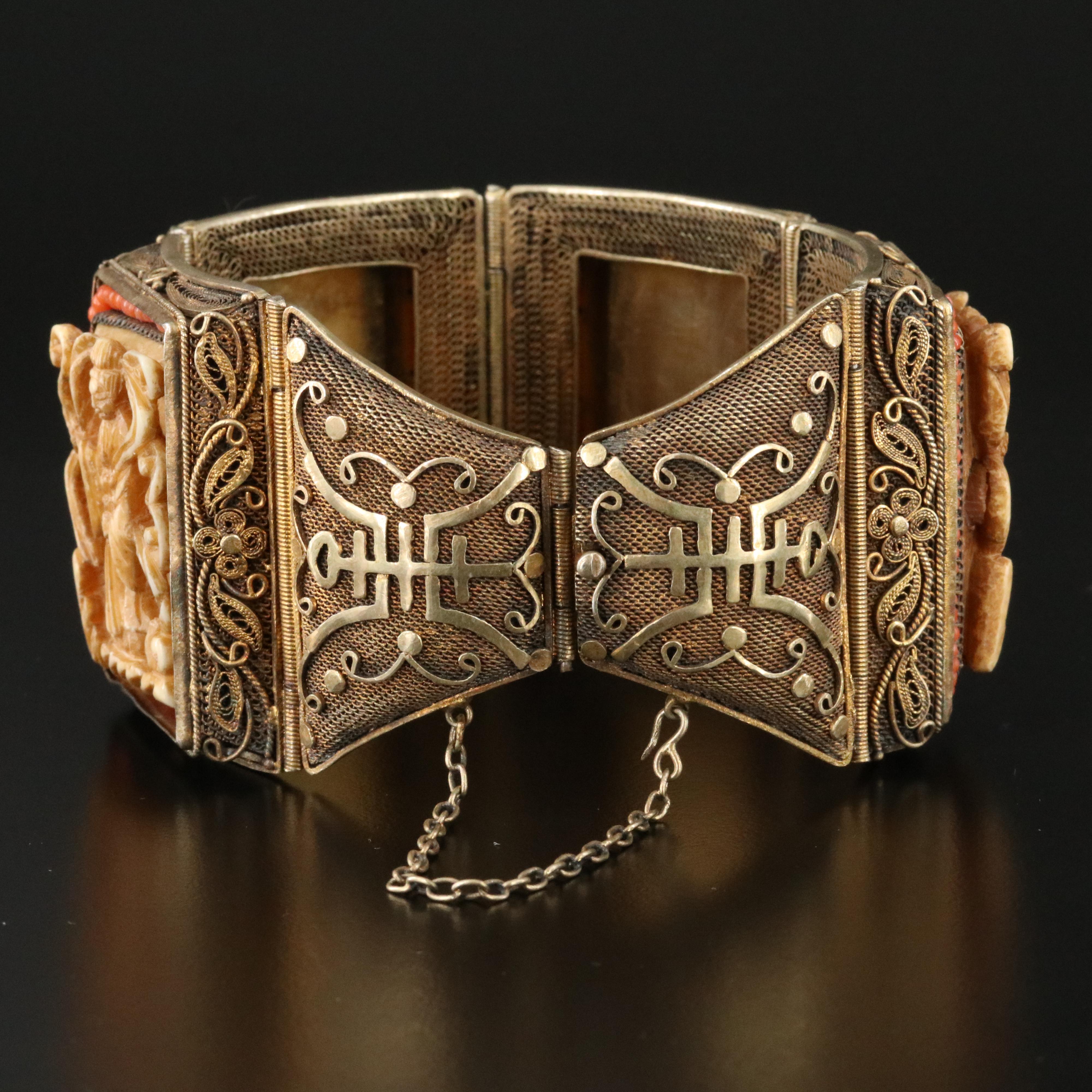 Chinese Sterling Bone and Coral Longevity Panel Bracelet