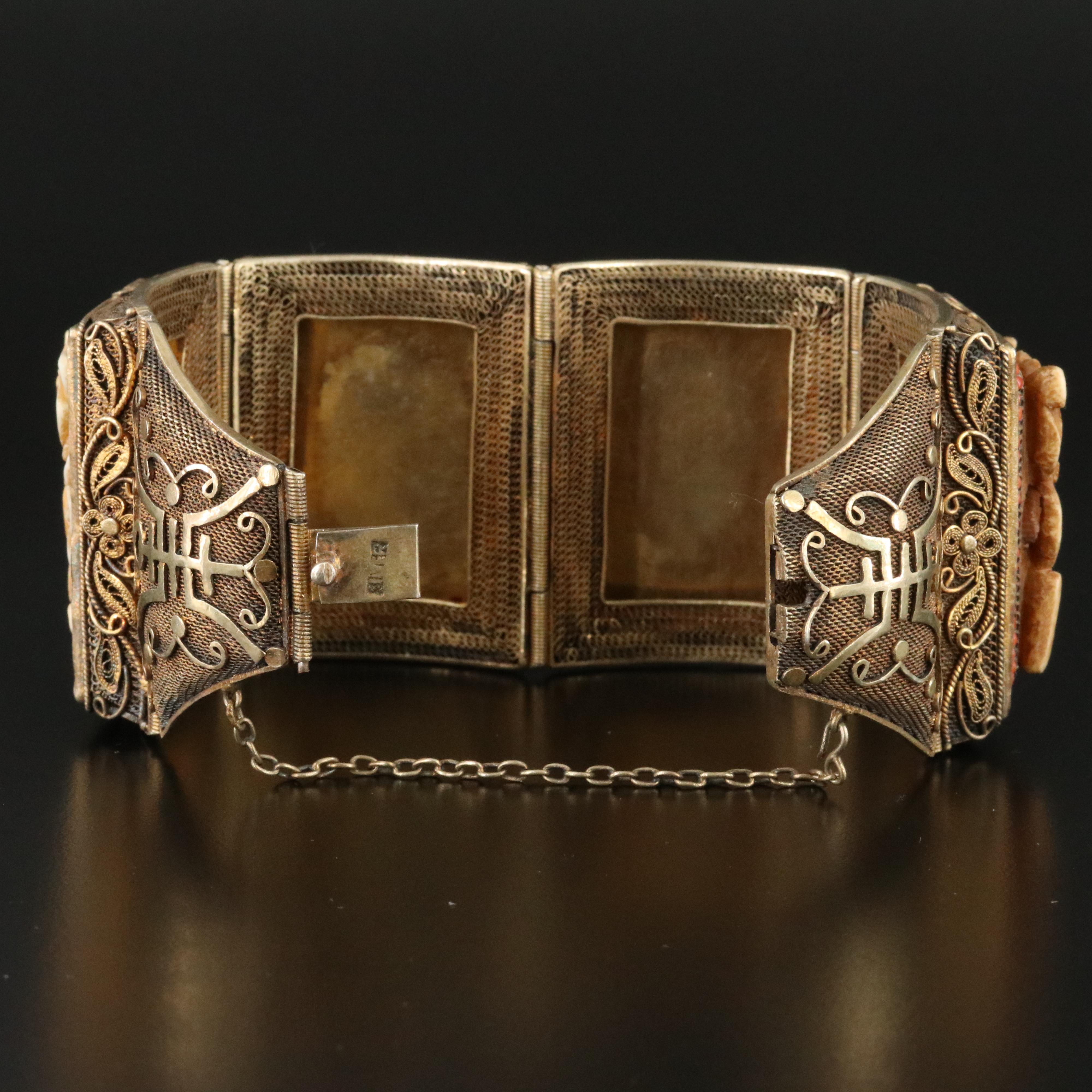 Chinese Sterling Bone and Coral Longevity Panel Bracelet