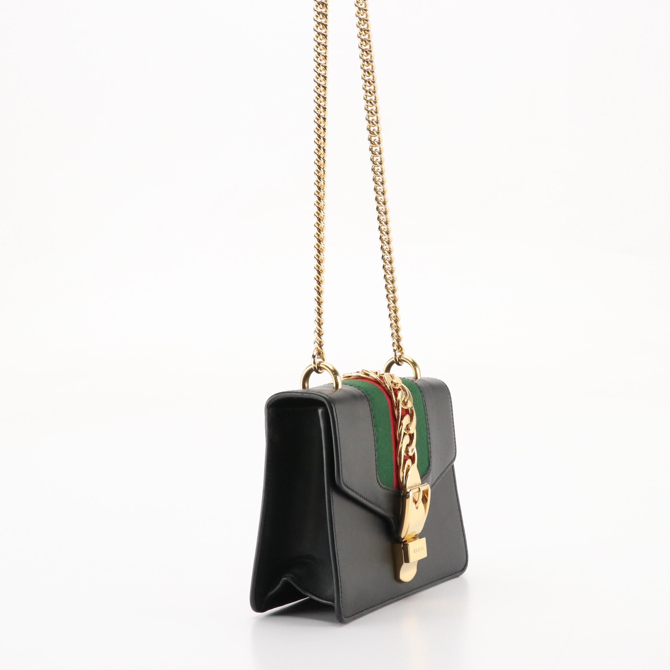 Gucci Sylvie Chain Link Crossbody Bag in Black Calfskin Leather with Web Detail