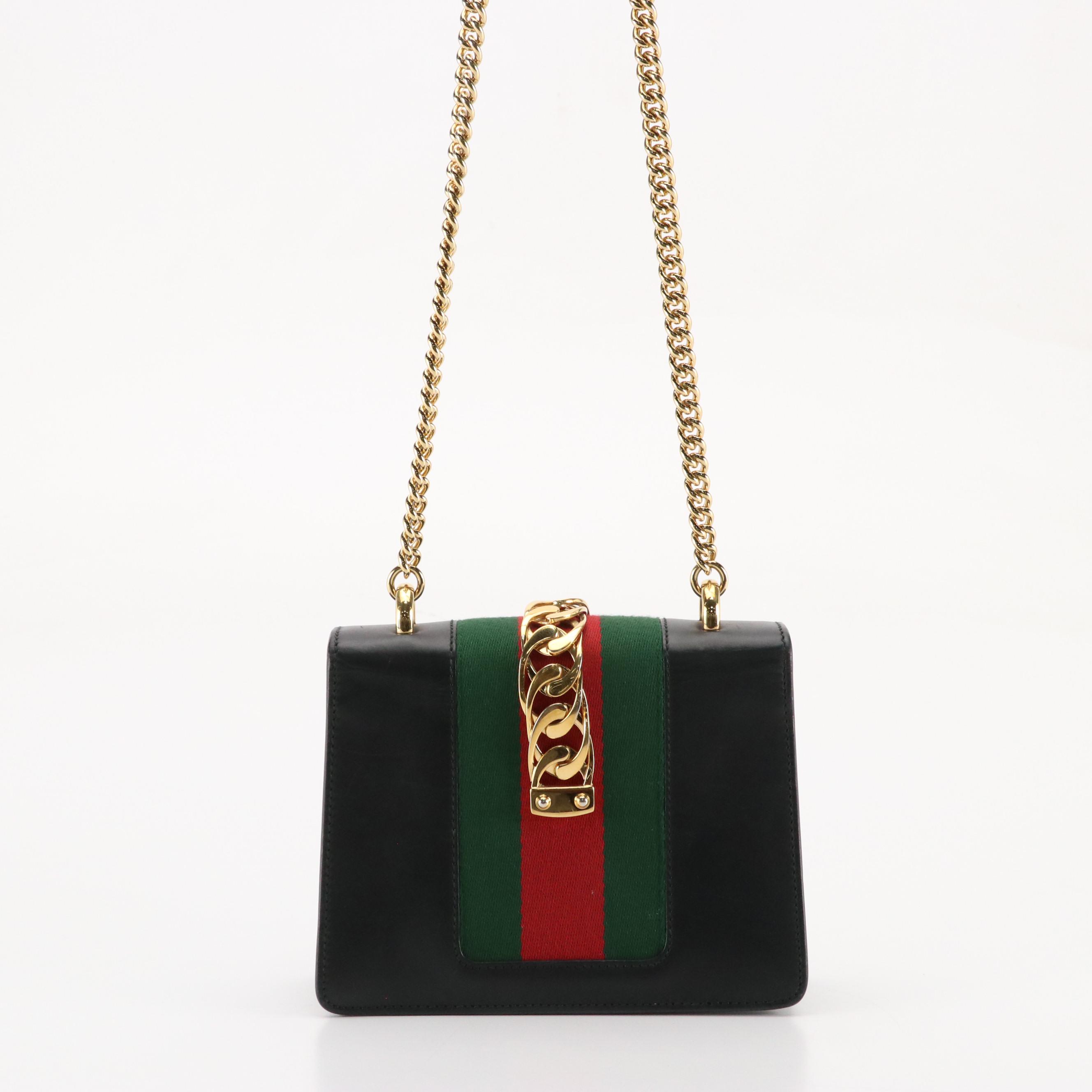 Gucci Sylvie Chain Link Crossbody Bag in Black Calfskin Leather with Web Detail