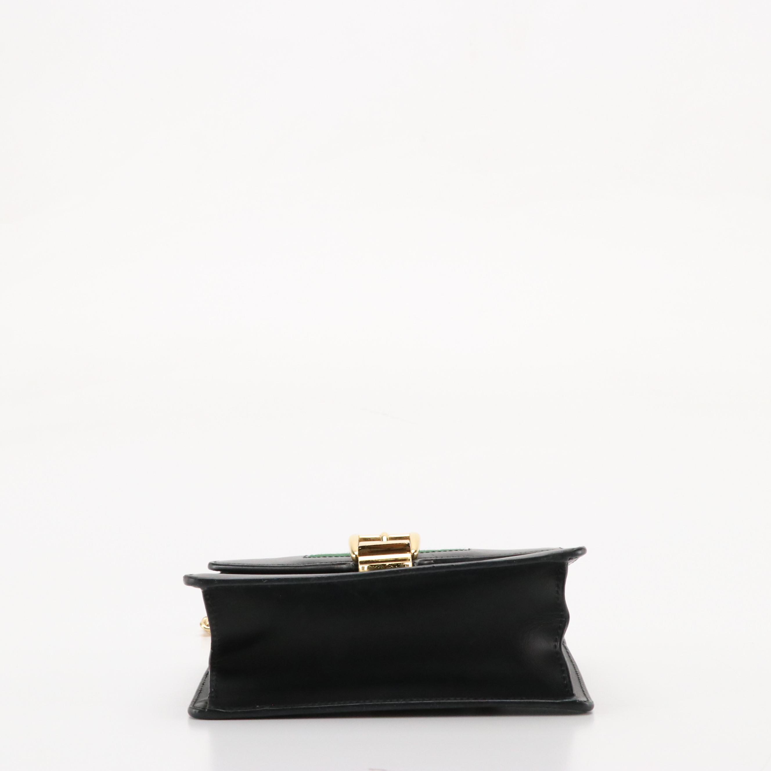 Gucci Sylvie Chain Link Crossbody Bag in Black Calfskin Leather with Web Detail