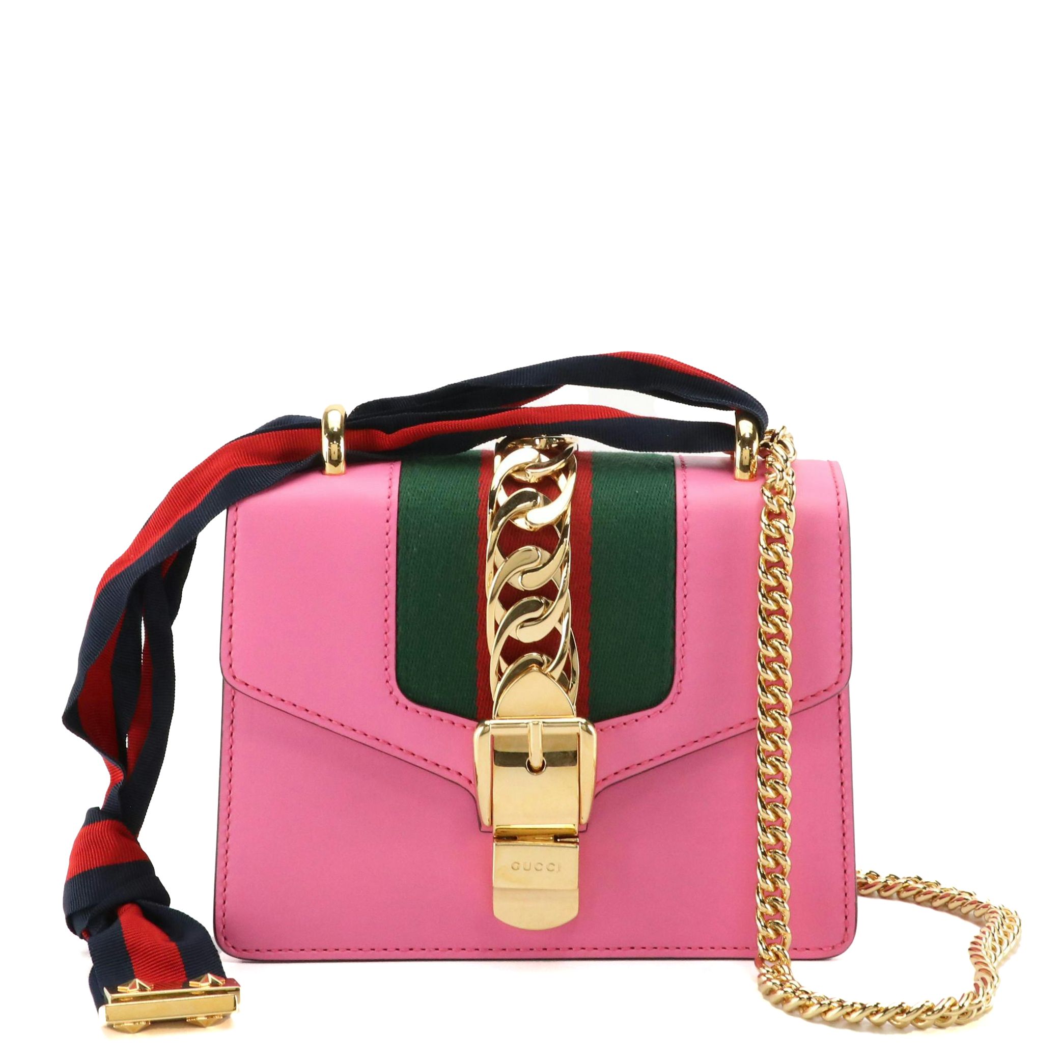 Gucci Small Sylvie Two-Way Shoulder Bag in Web Striped Pink Calfskin Leather