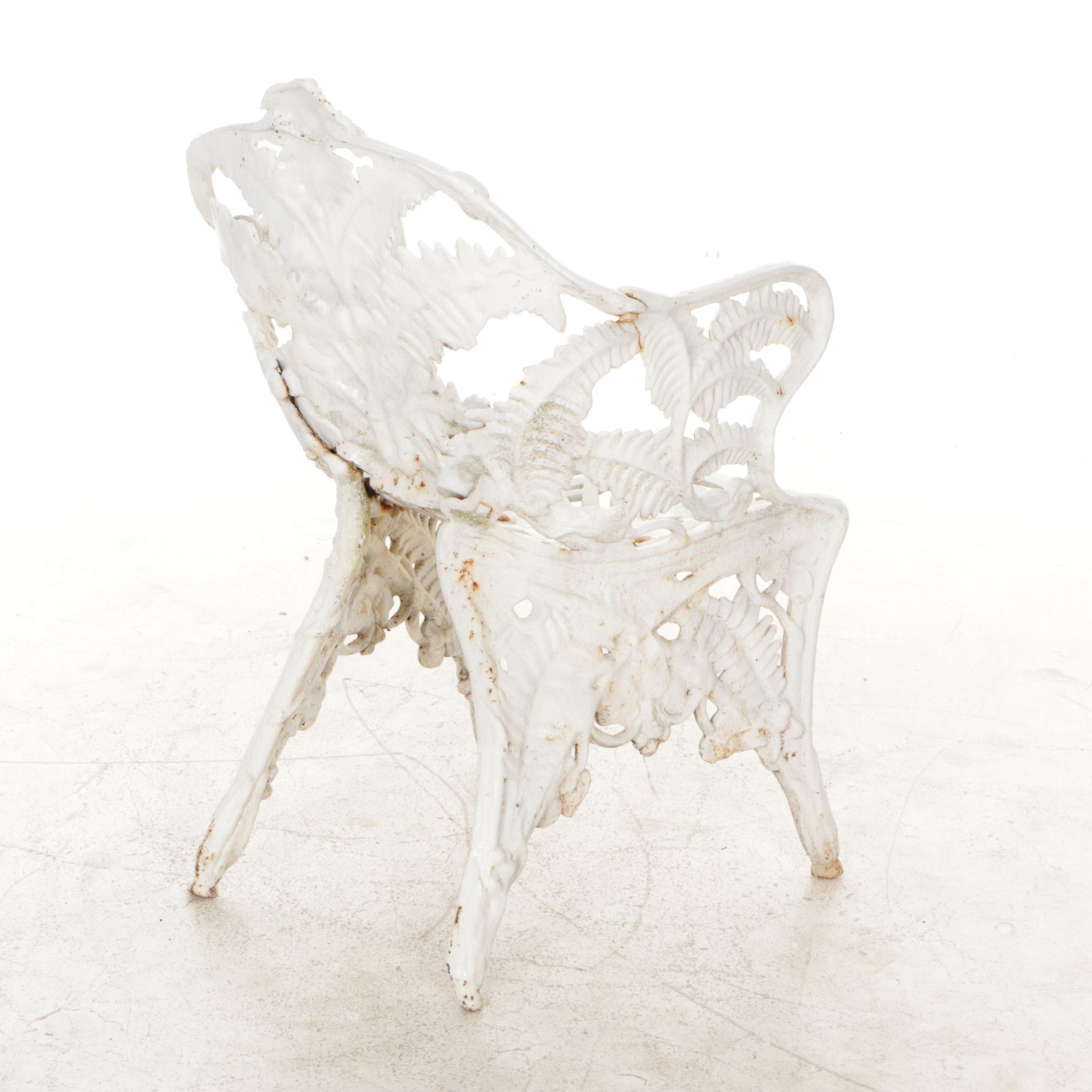 White-Painted Cast Iron Outdoor Chair With Fern Frond Back and Triangle Seat