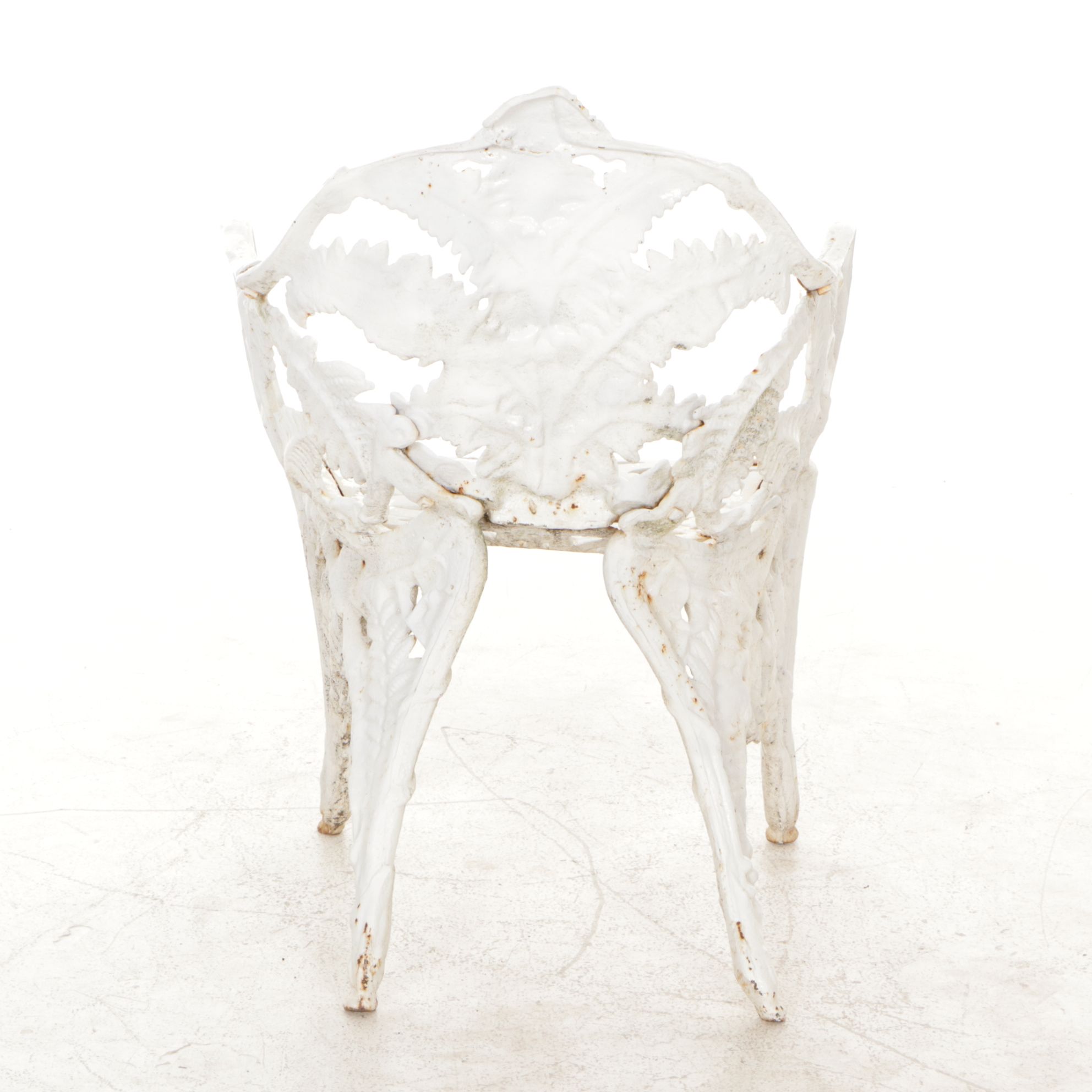 White-Painted Cast Iron Outdoor Chair With Fern Frond Back and Triangle Seat