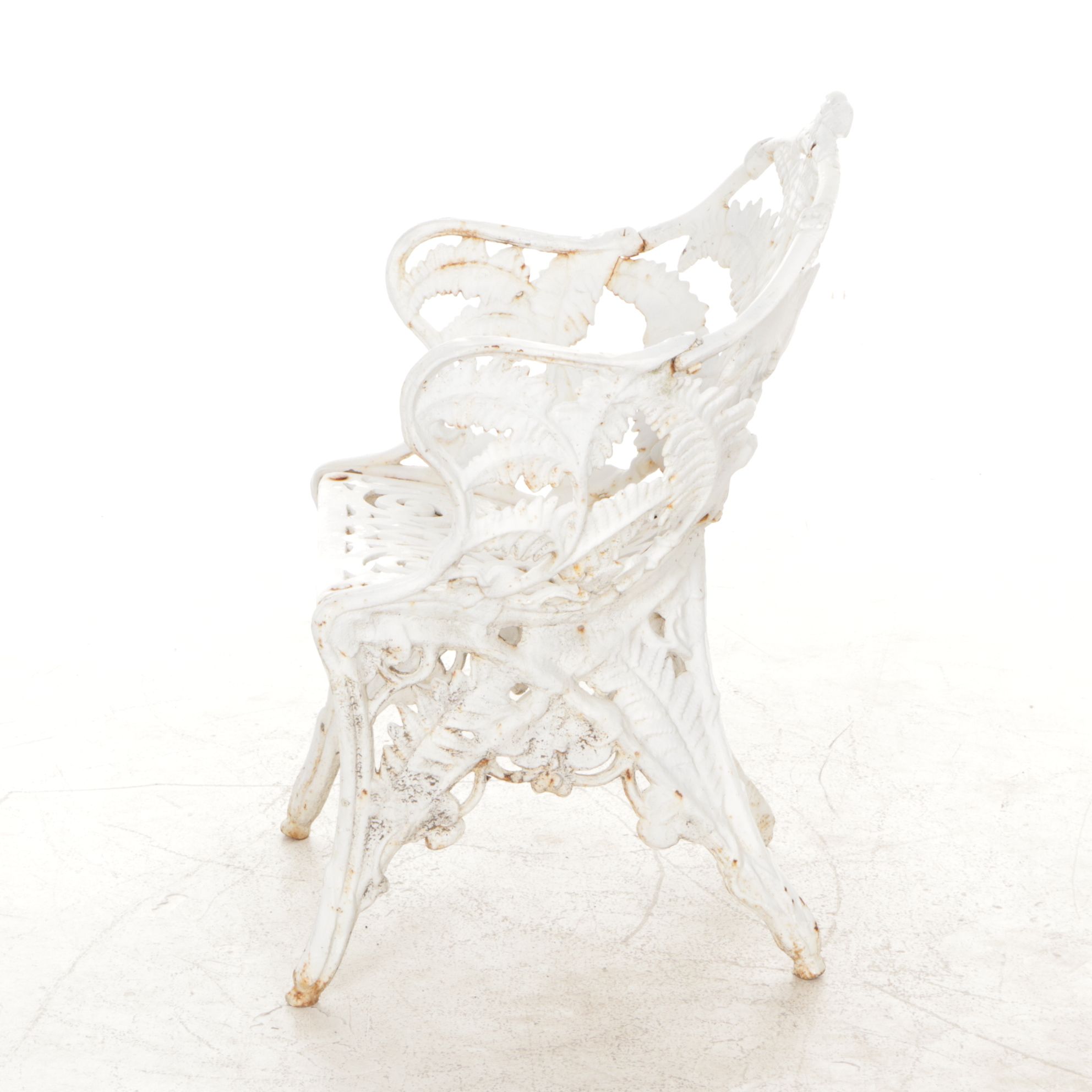 White-Painted Cast Iron Outdoor Chair With Fern Frond Back and Triangle Seat