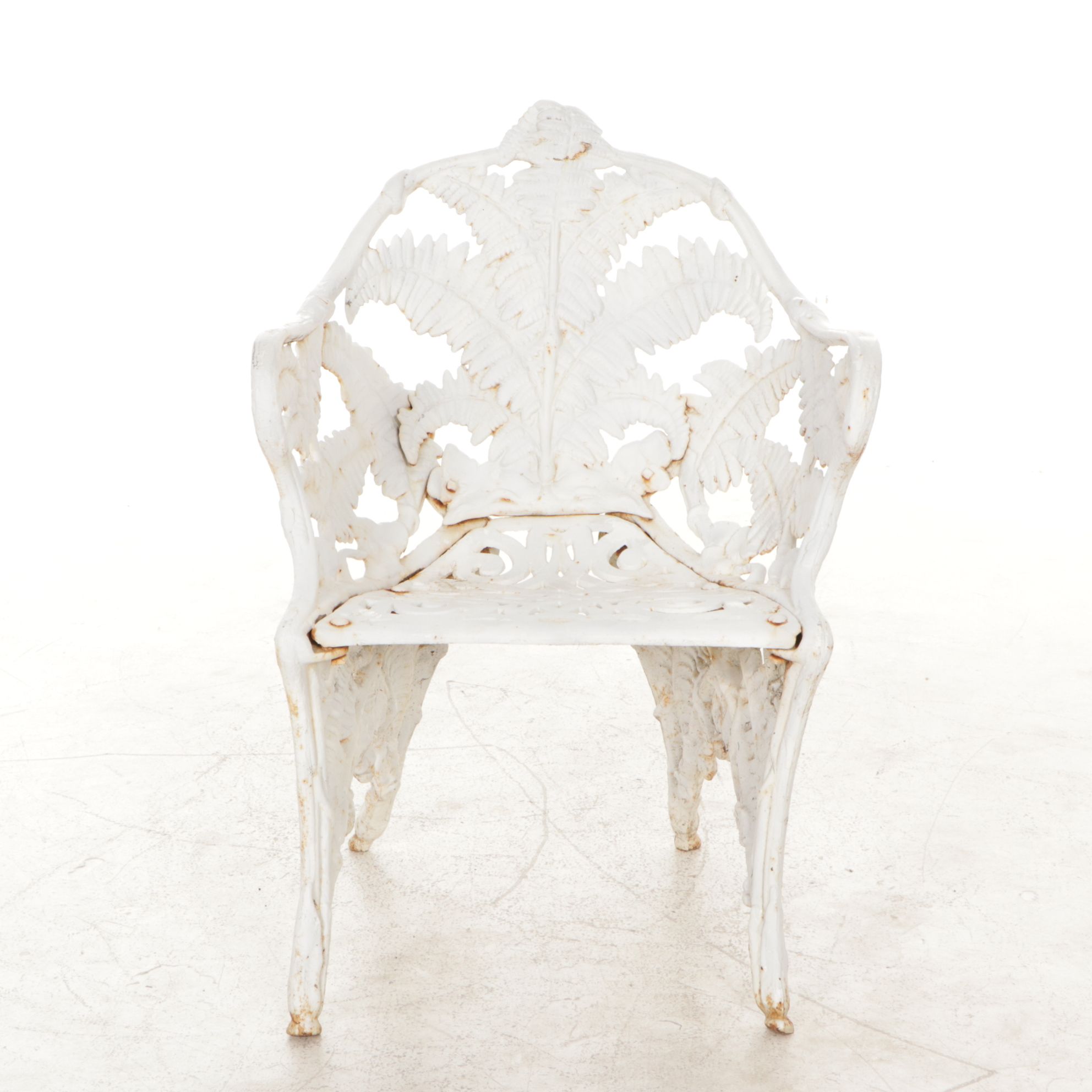 White-Painted Cast Iron Outdoor Chair With Fern Frond Back and Triangle Seat