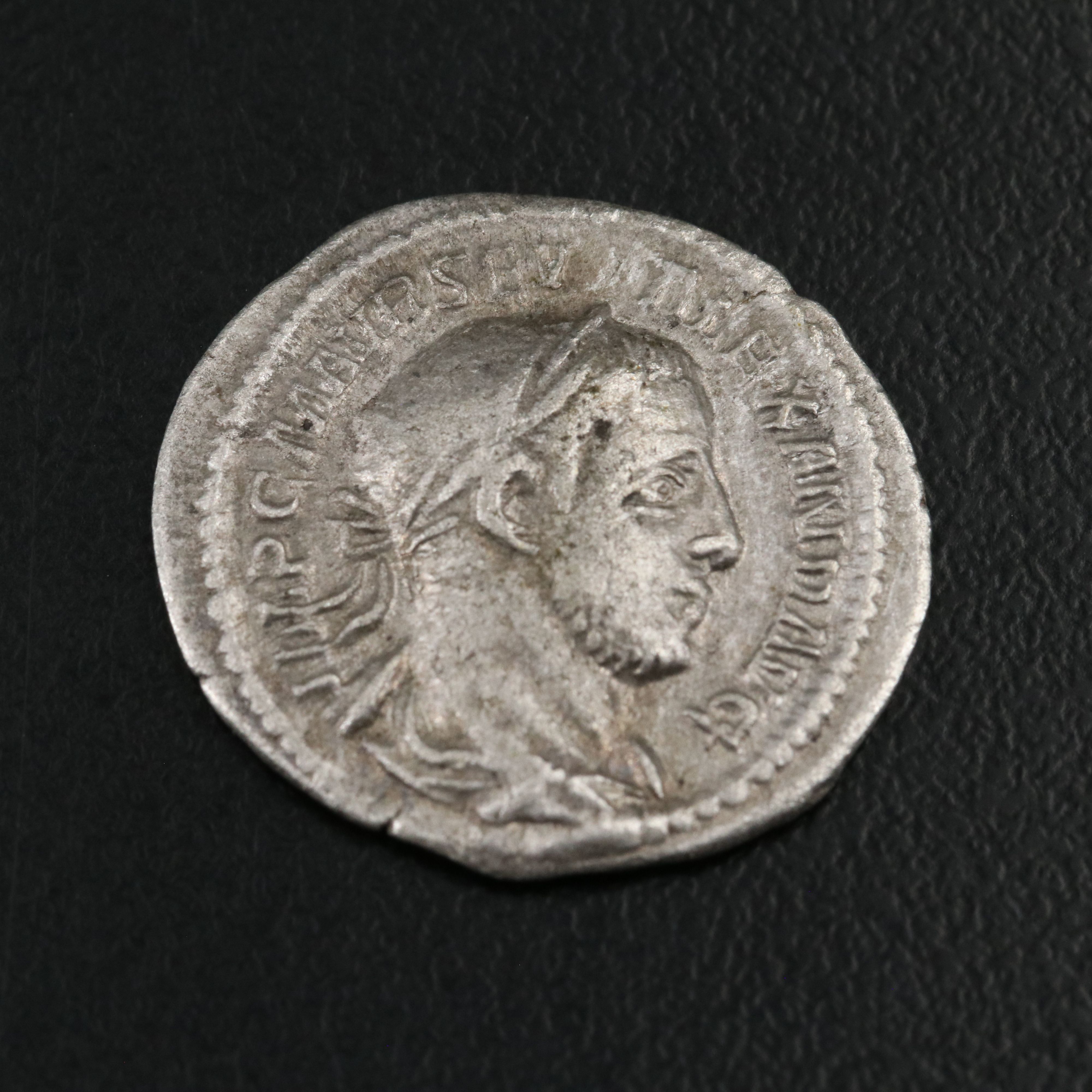 Ancient Roman Imperial AR Denarius Coin of Severus Alexander, ca. 227 A.D.