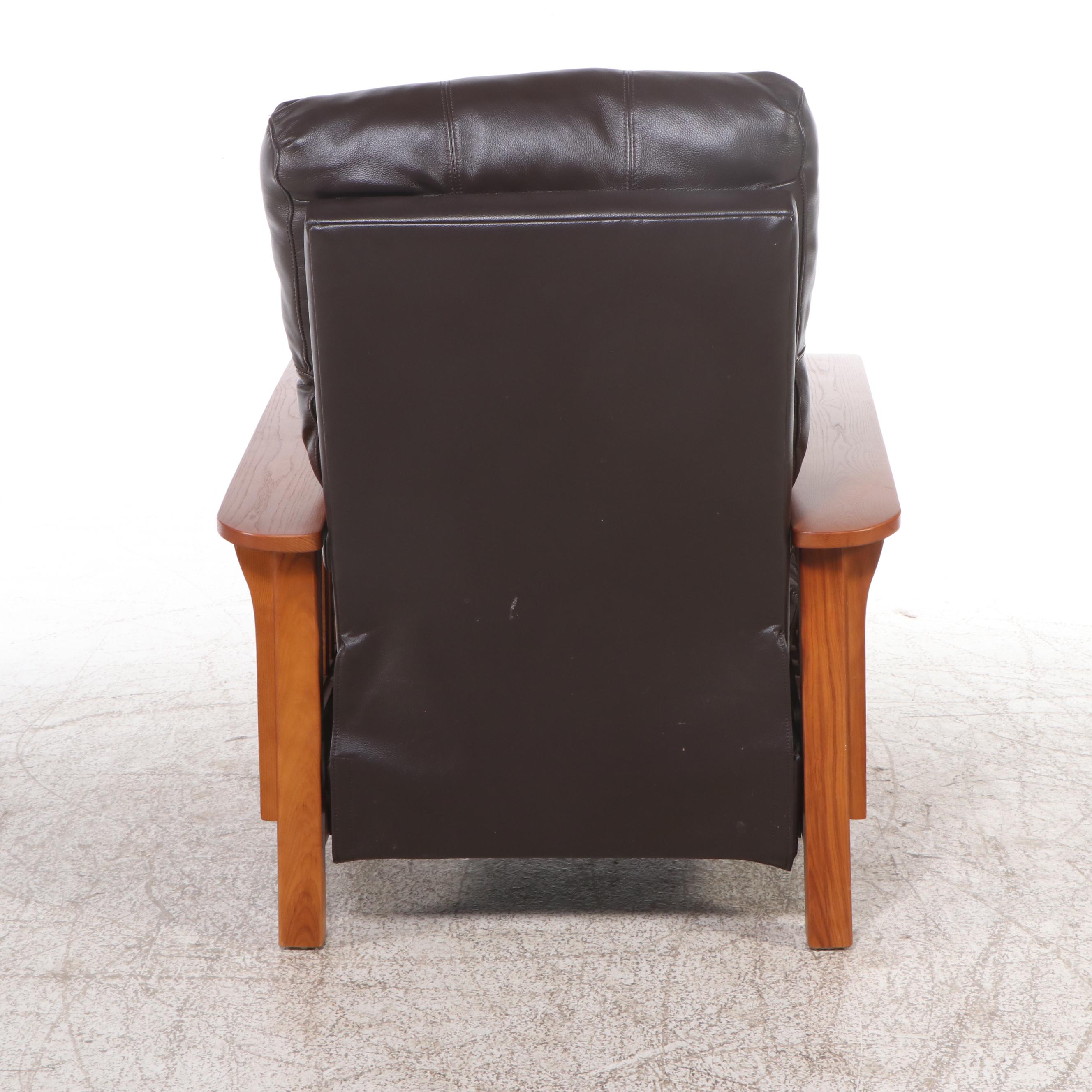 Mission Style Leather and Oak Recliner with Oak Side Table