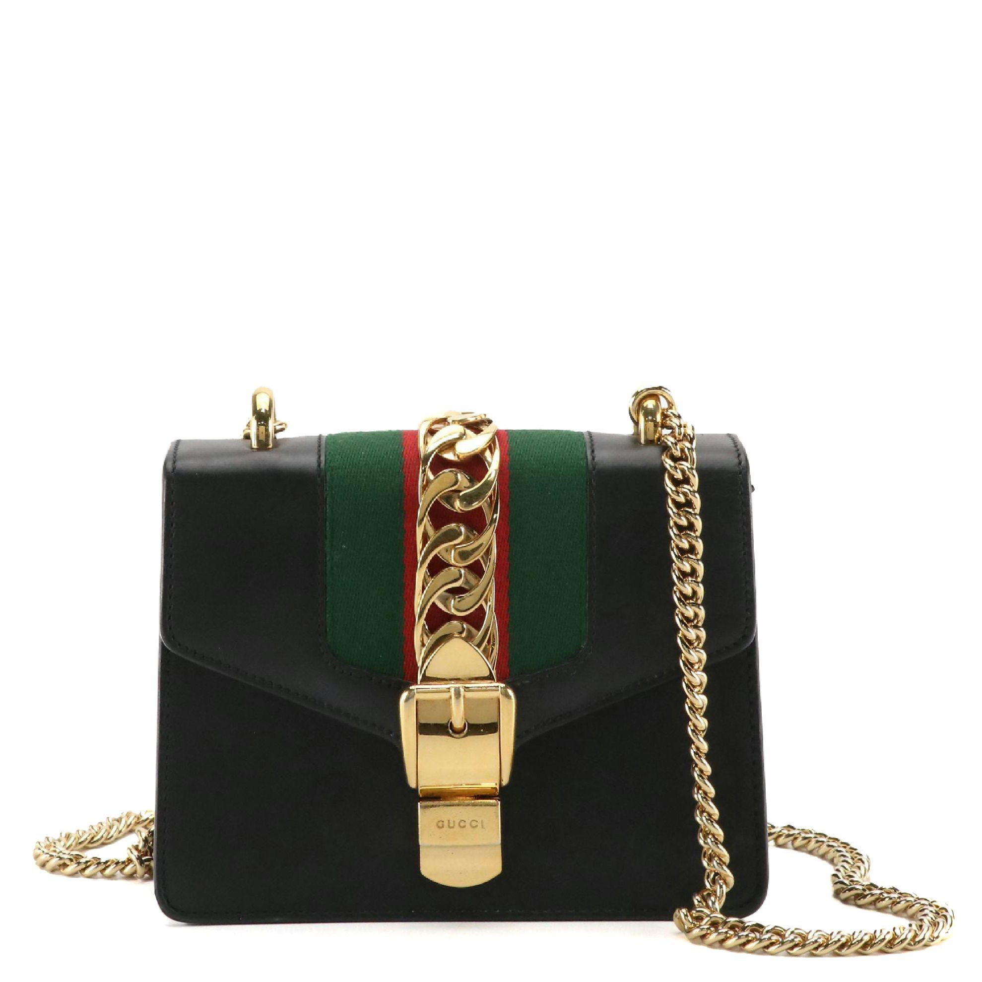 Gucci Sylvie Chain Link Crossbody Bag in Black Calfskin Leather with Web Detail