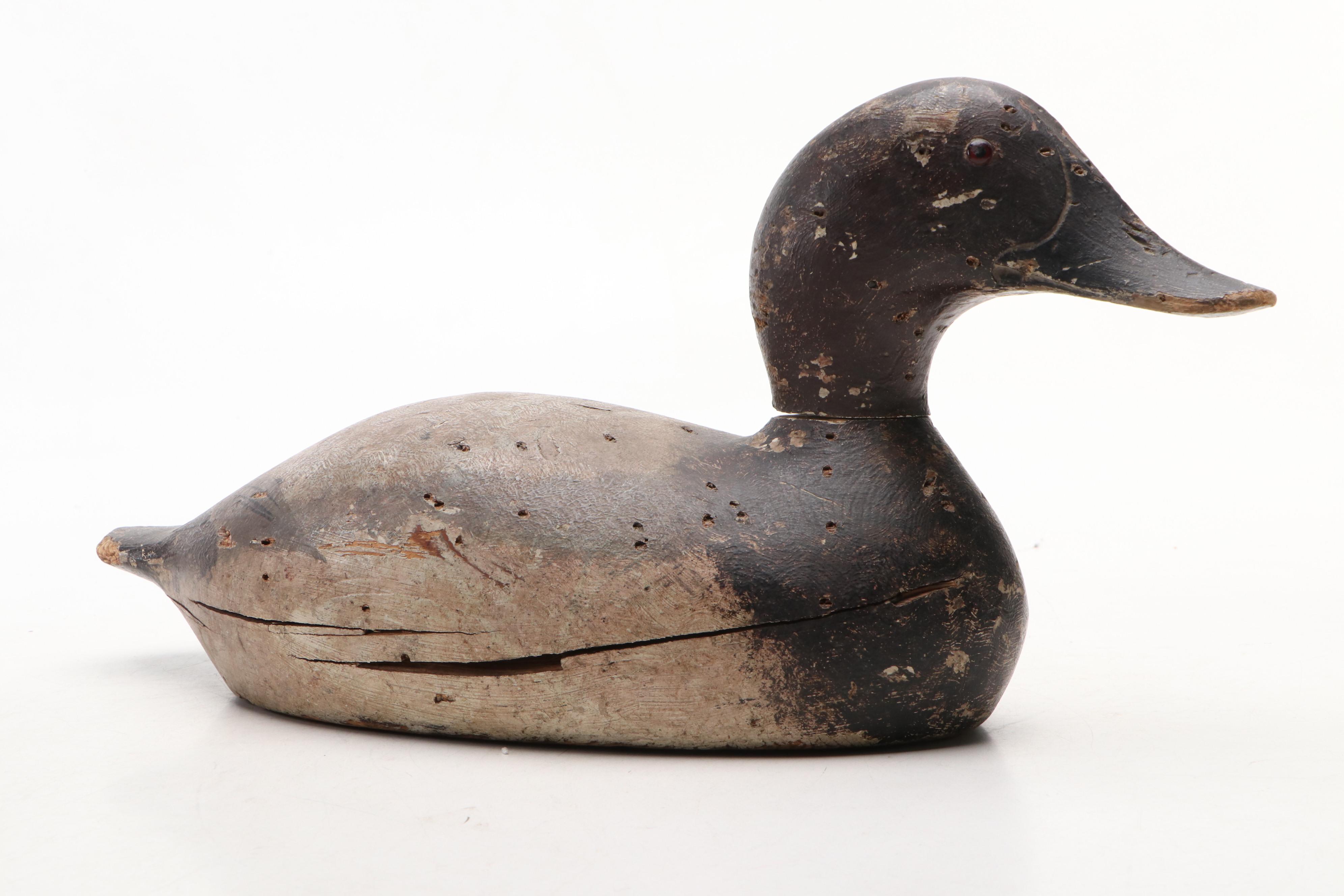 Hand-Painted and Carved Wooden Duck Decoy and Bowl with Museum Printed Tile