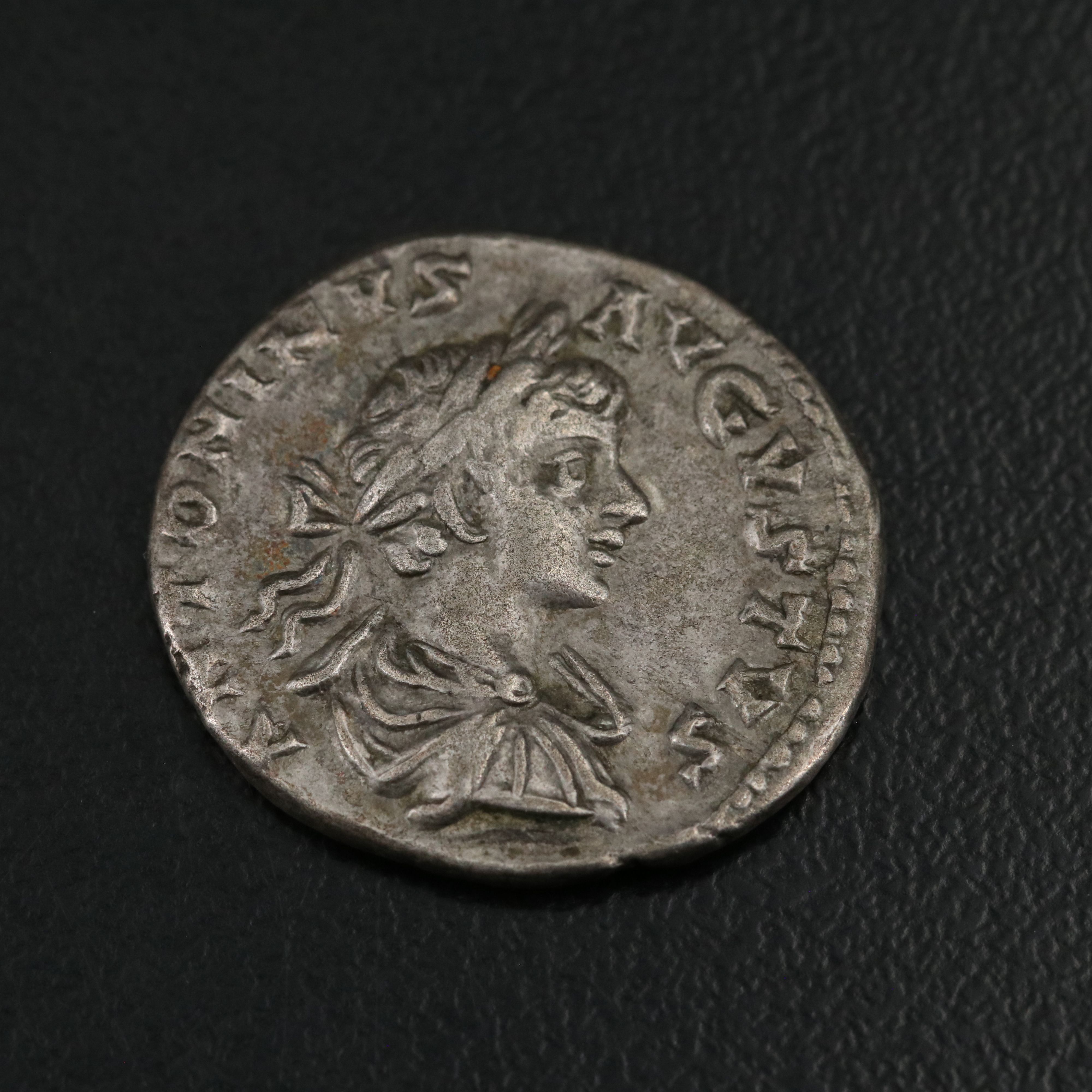 Ancient Roman Imperial AR Denarius Coin of Caracalla, ca. 201 A.D.