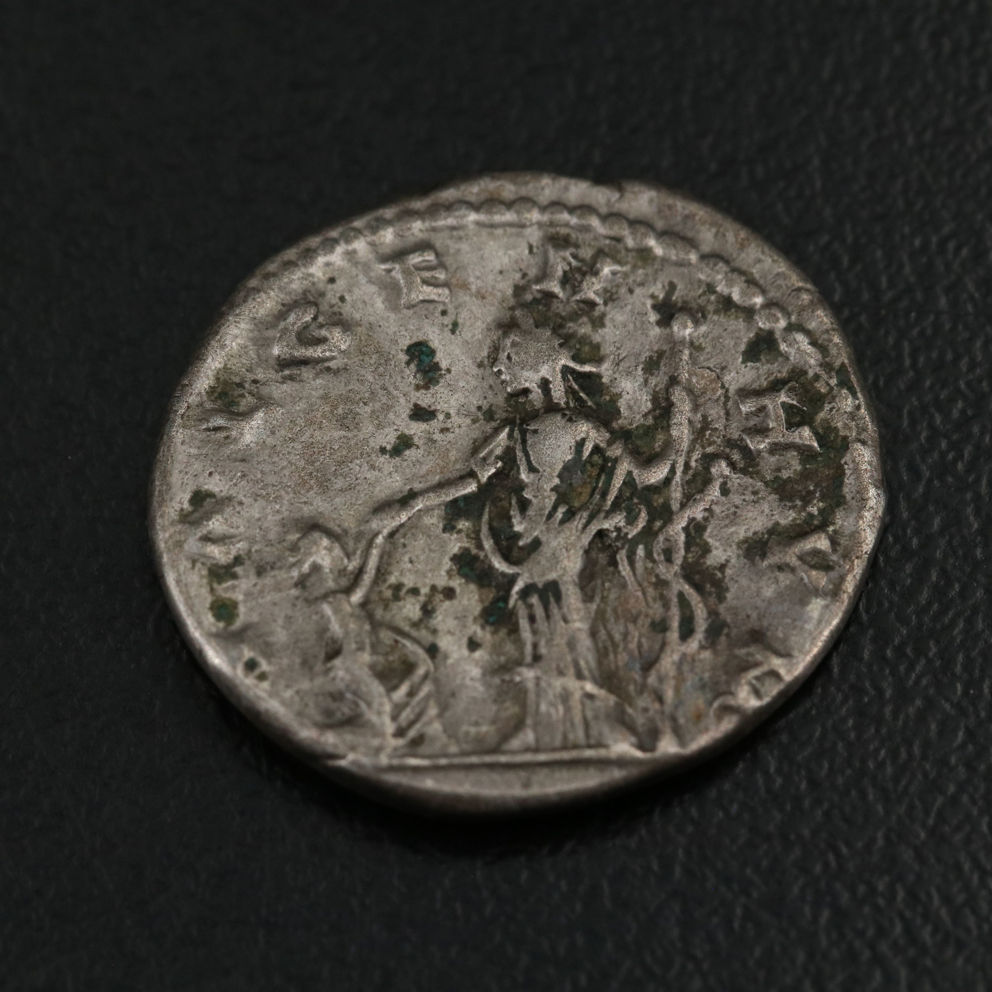 Ancient Roman Imperial AR Denarius Coin of Caracalla, ca. 201 A.D.