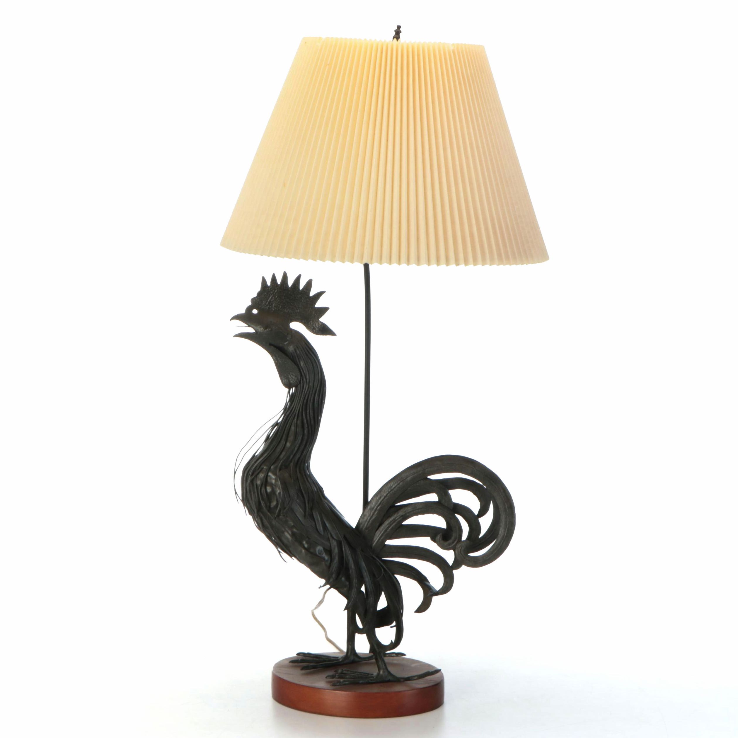 Brutalist Style Handcrafted Metal Rooster Table Lamp with Concertina Pleat Shade
