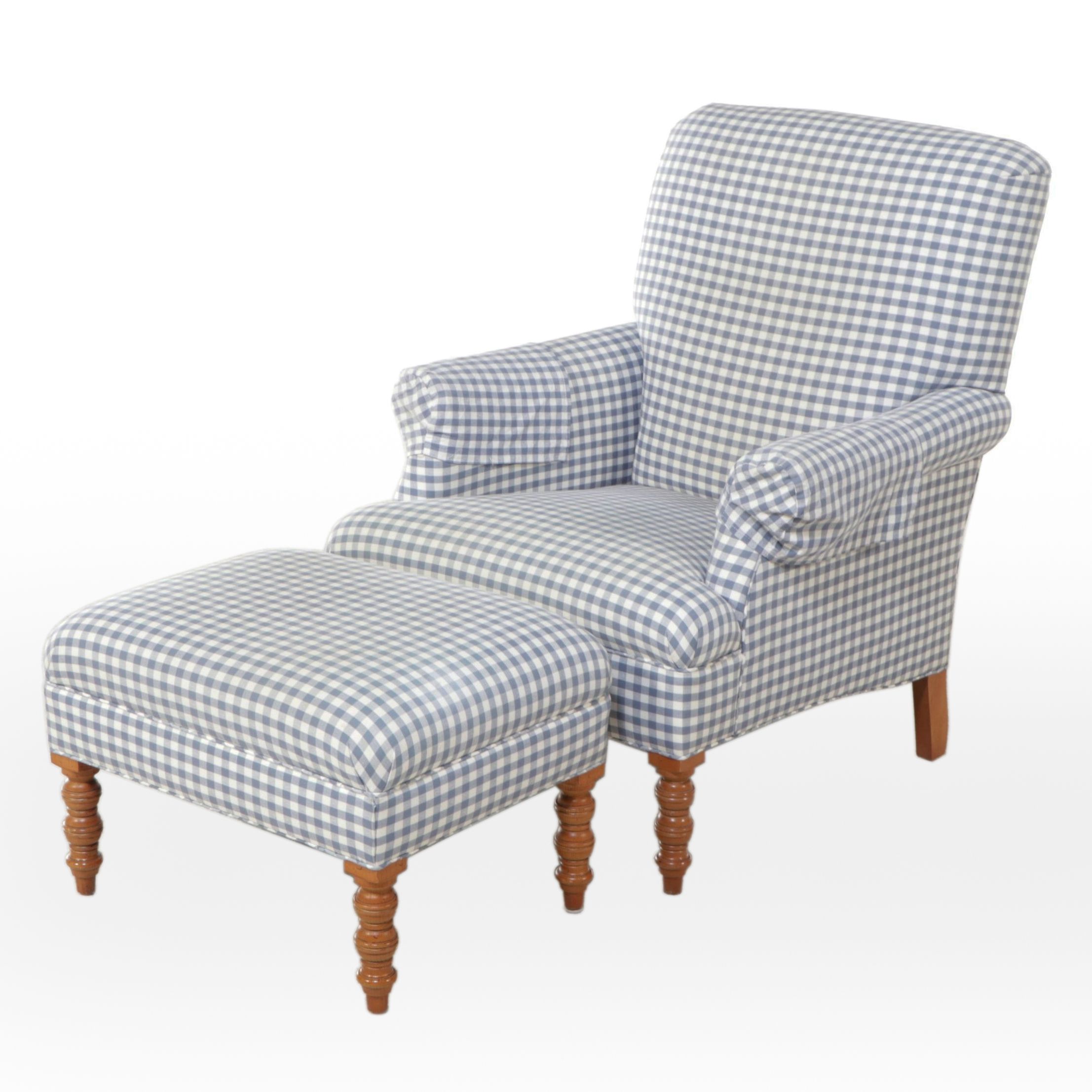Brandywine Design Furniture Blue Gingham Upholstered Armchair and Ottoman