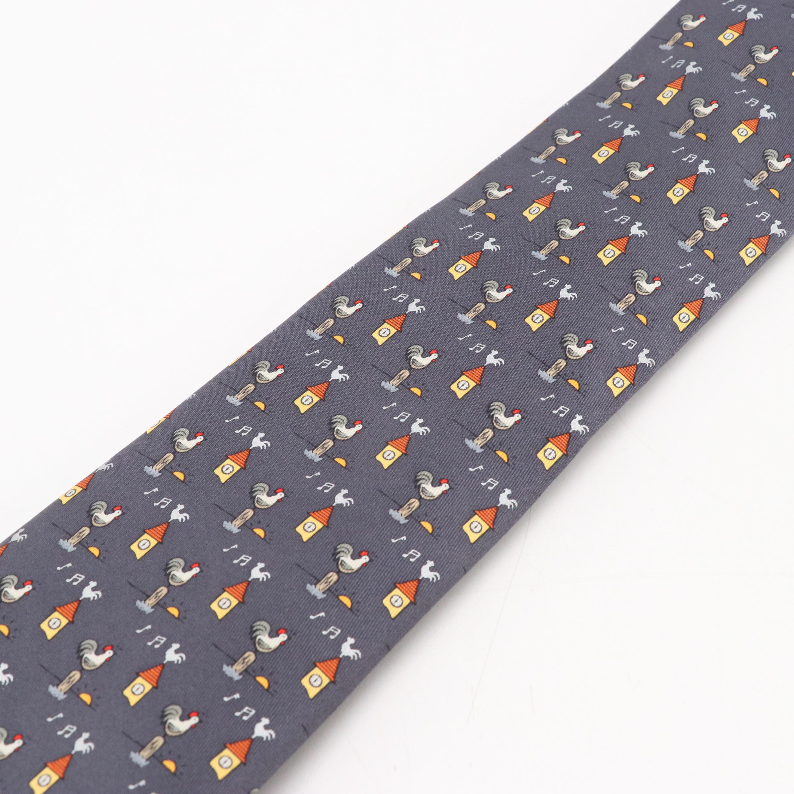 Hermès Rooster and Cupola Tall Necktie in Silk Twill with Box