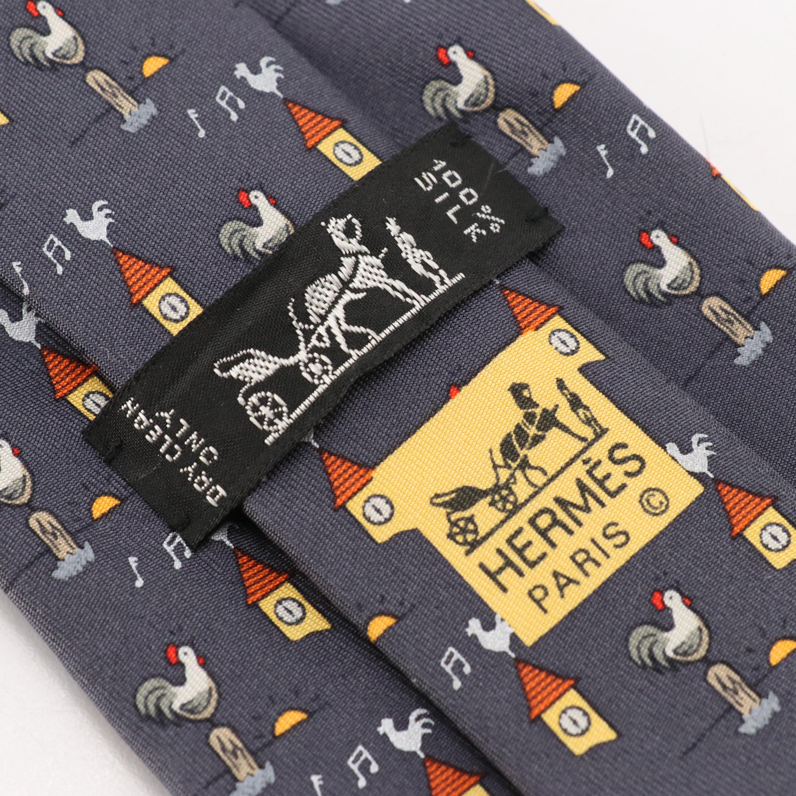 Hermès Rooster and Cupola Tall Necktie in Silk Twill with Box