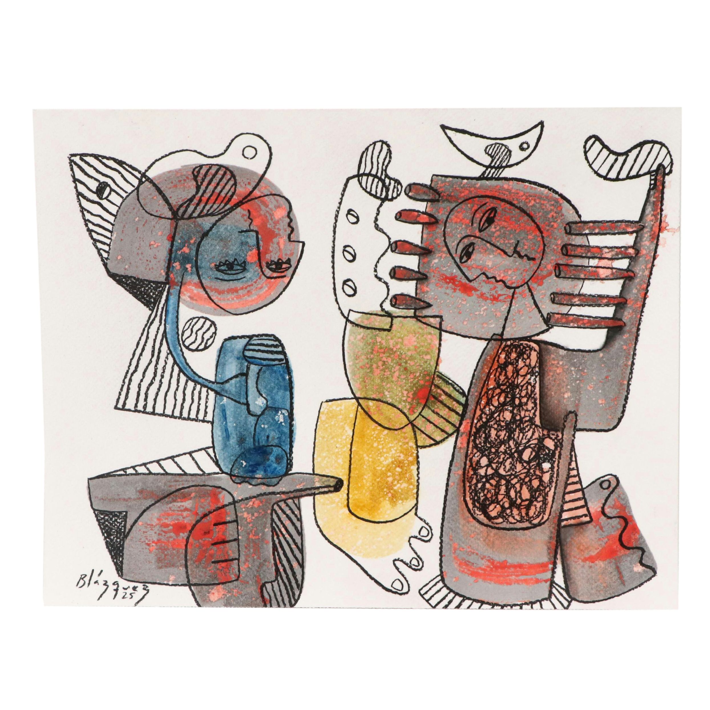 Michel Blázquez Surrealist Mixed Media Painting "El Hacedor y la Luna," 2025