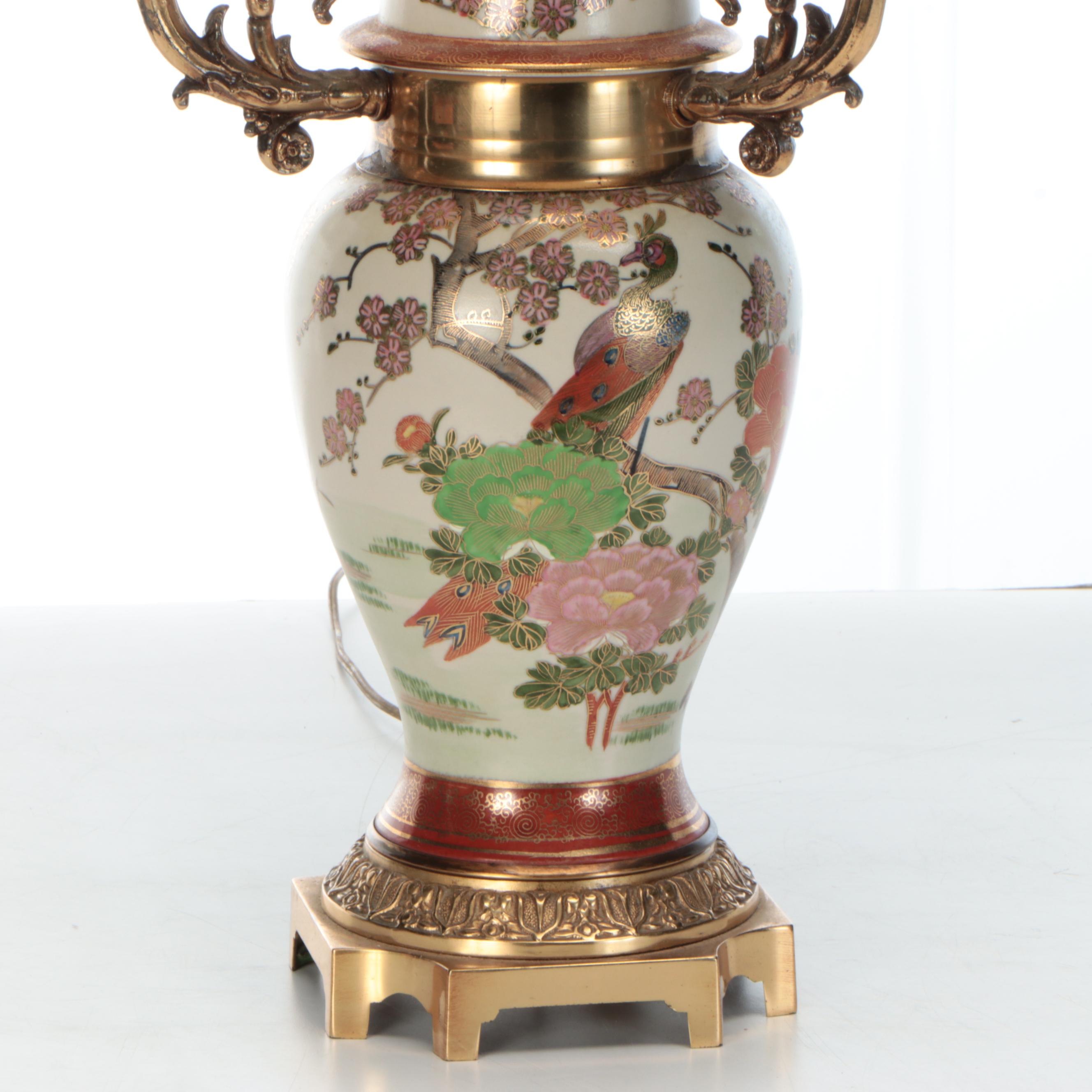 Japanese Porcelain Kutani Ginger Jar Lamp with Brass Fittings and Base