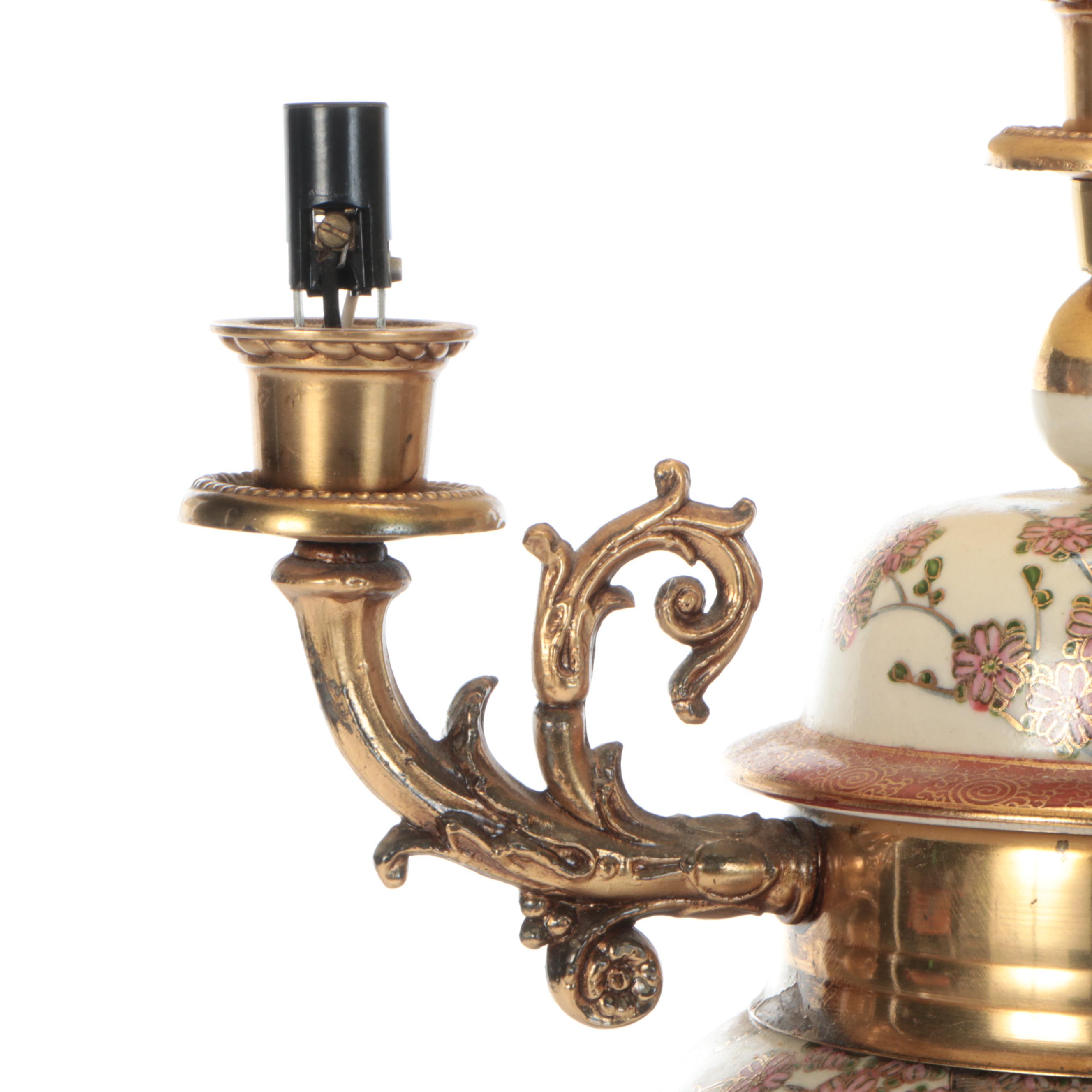 Japanese Porcelain Kutani Ginger Jar Lamp with Brass Fittings and Base