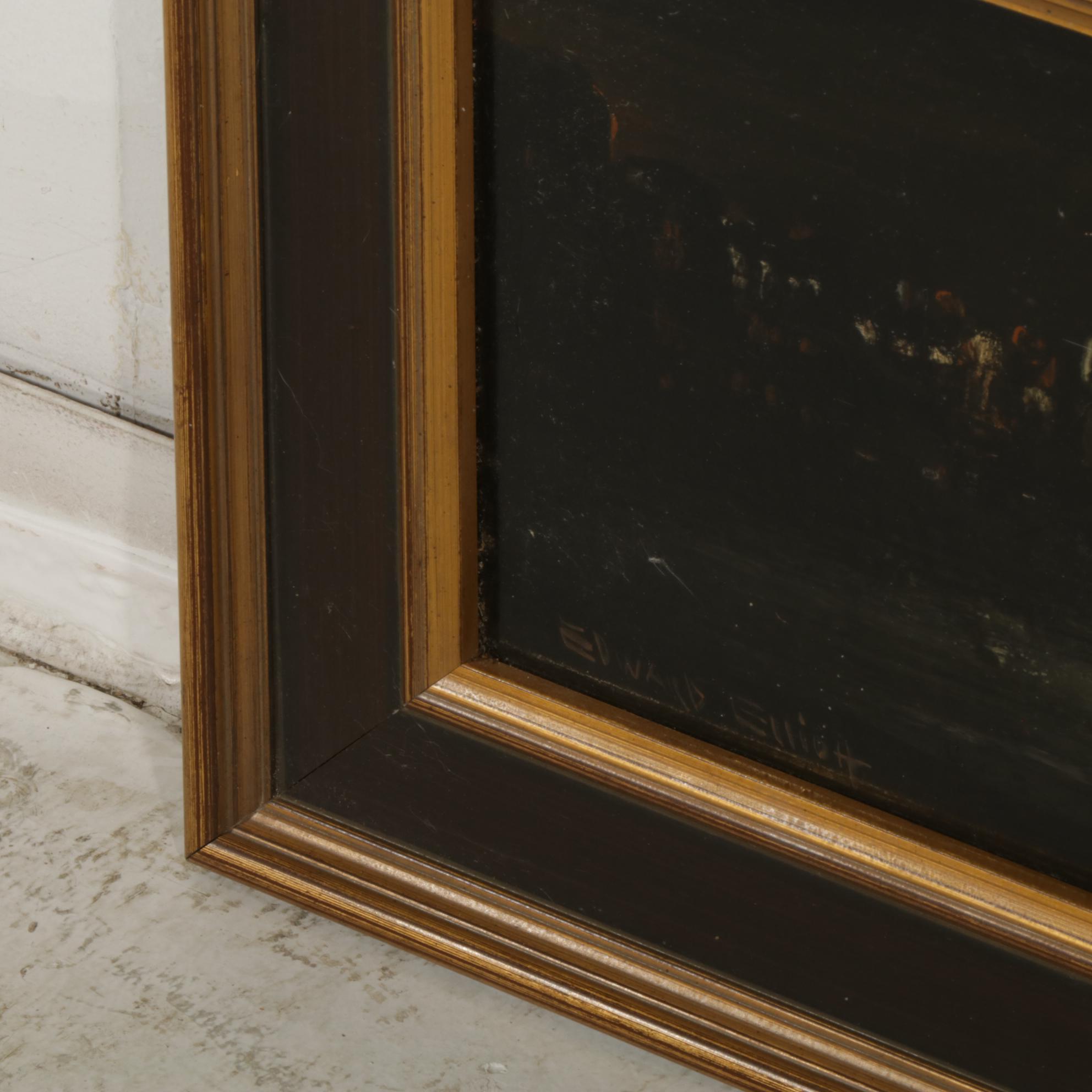 Edward Elliot Brutalist Night Cityscape Oil Painting, Mid 20th Century