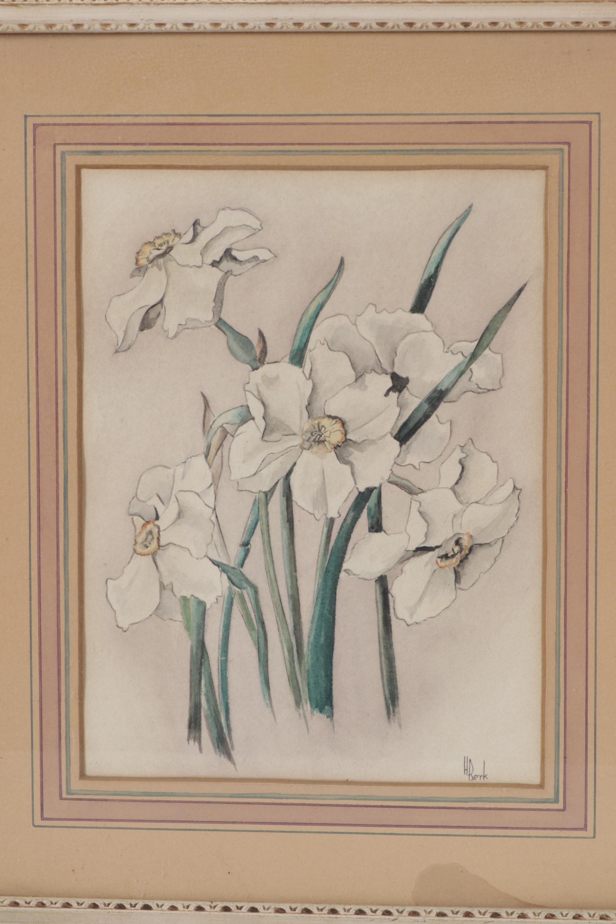 Pair of Framed Floral Watercolors, Mid-20th Century