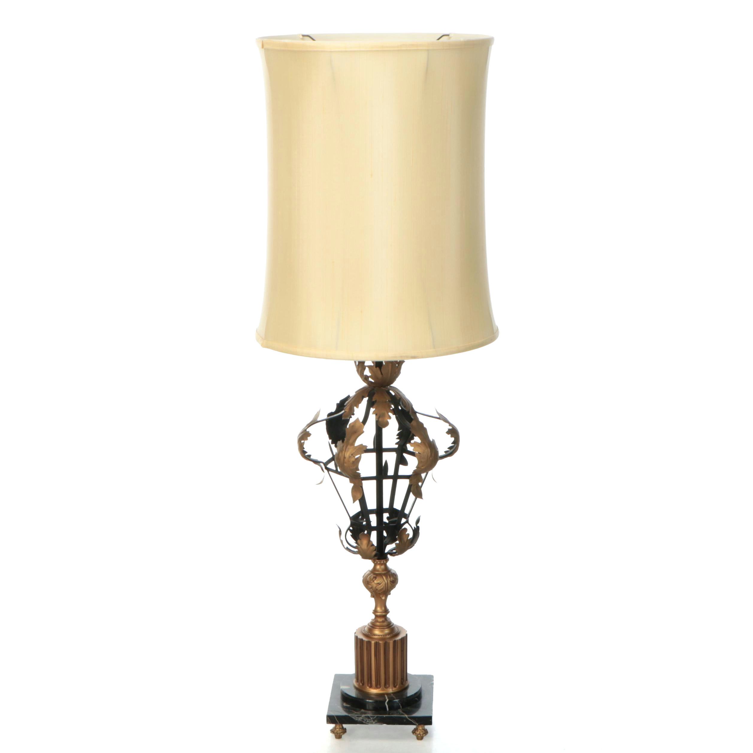 Hollywood Regency Style Matte Gold and Marble Table Lamp with Silk Drum Shade
