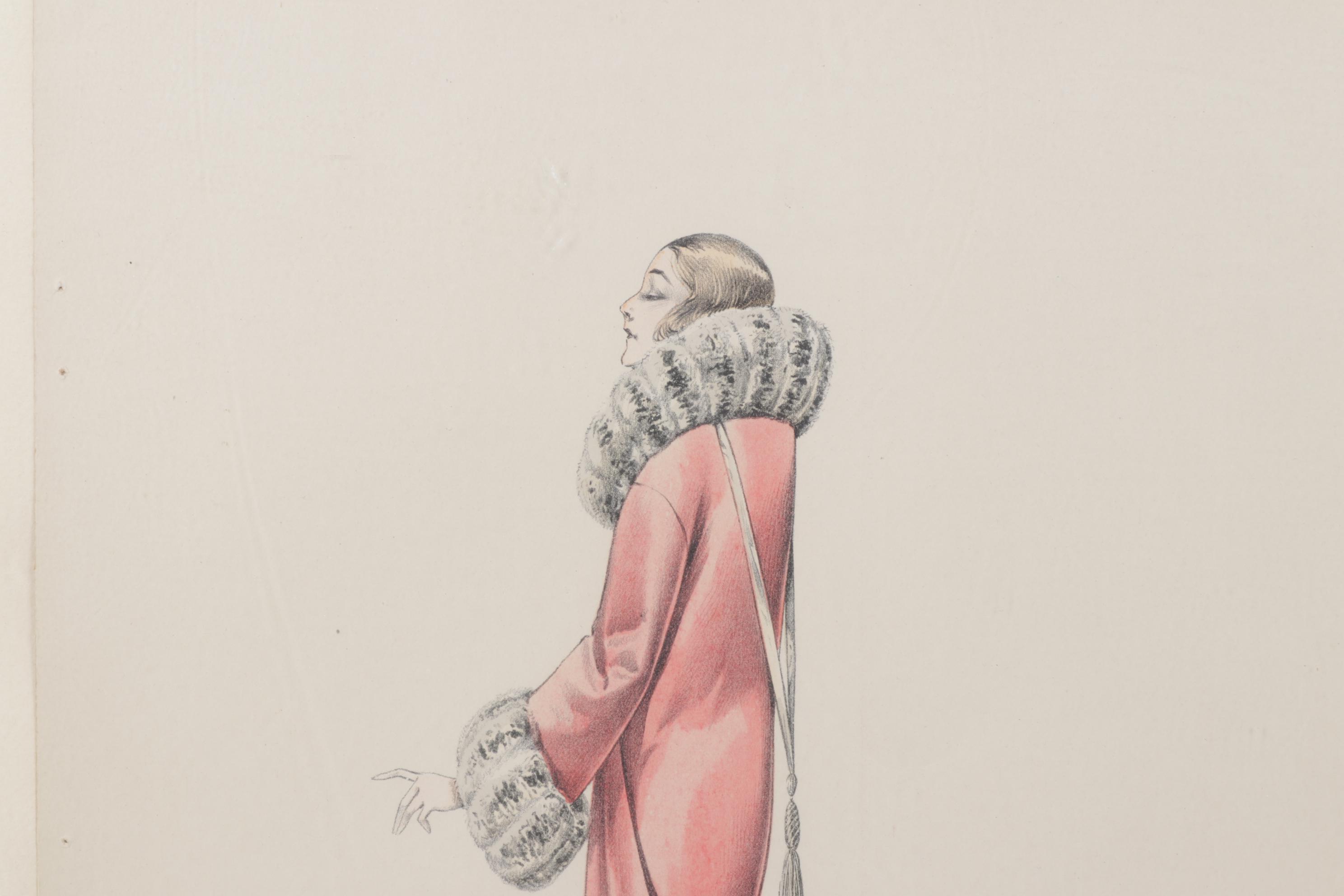 Hand-Colored Lithograph of French Fashions from "Beaux-Arts de Modes," 1920s