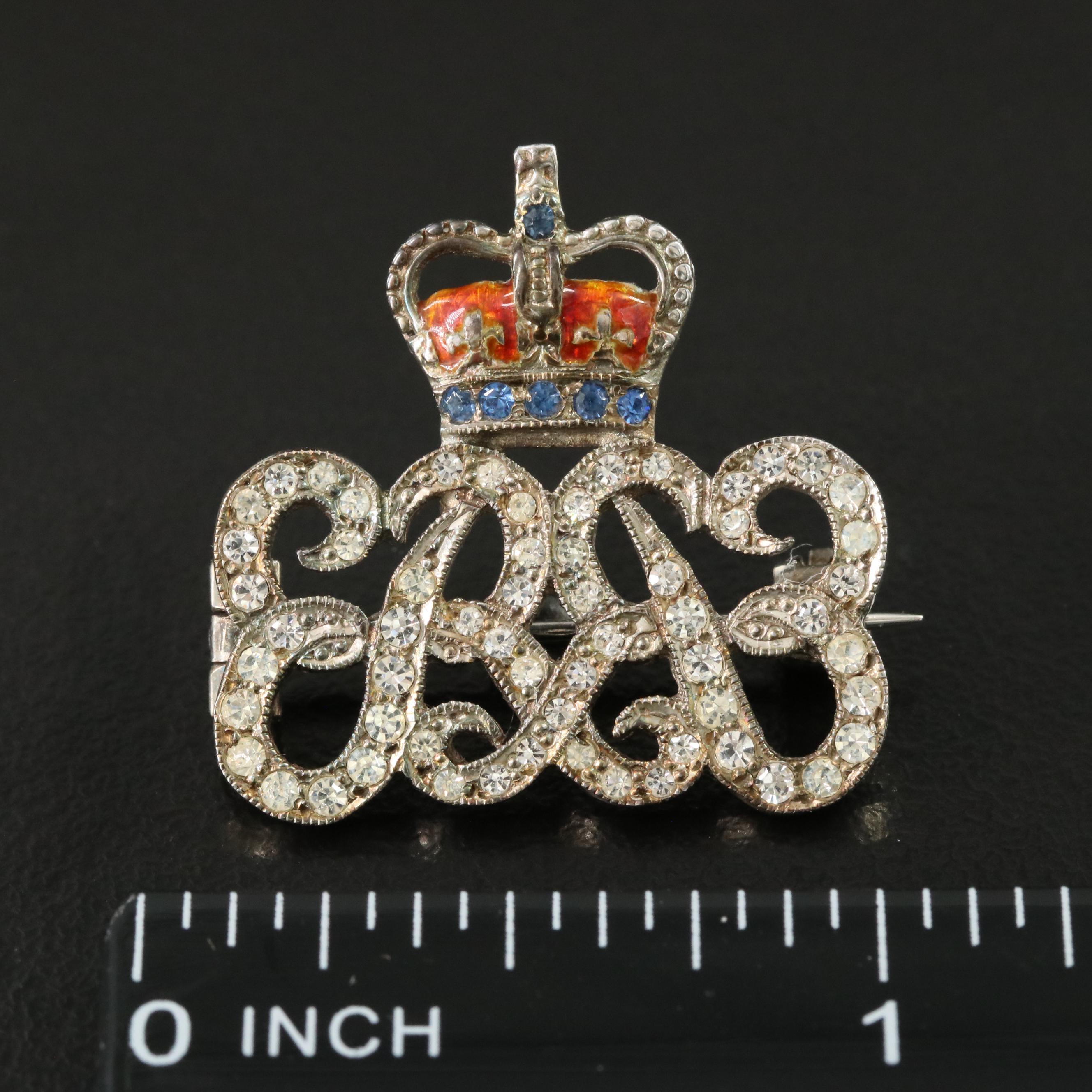 Sterling Rhinestone and Enamel Monogrammed Crown Brooch