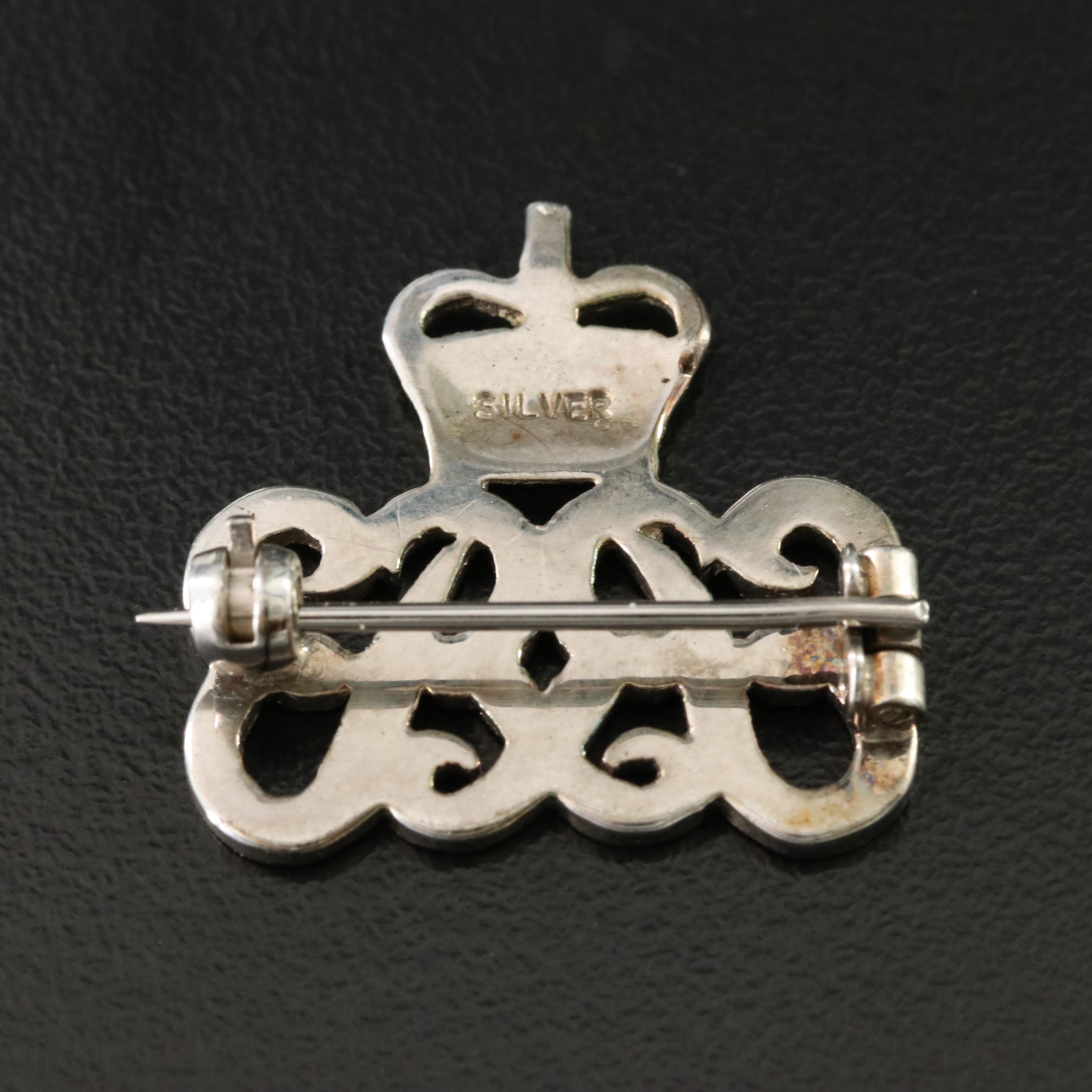 Sterling Rhinestone and Enamel Monogrammed Crown Brooch