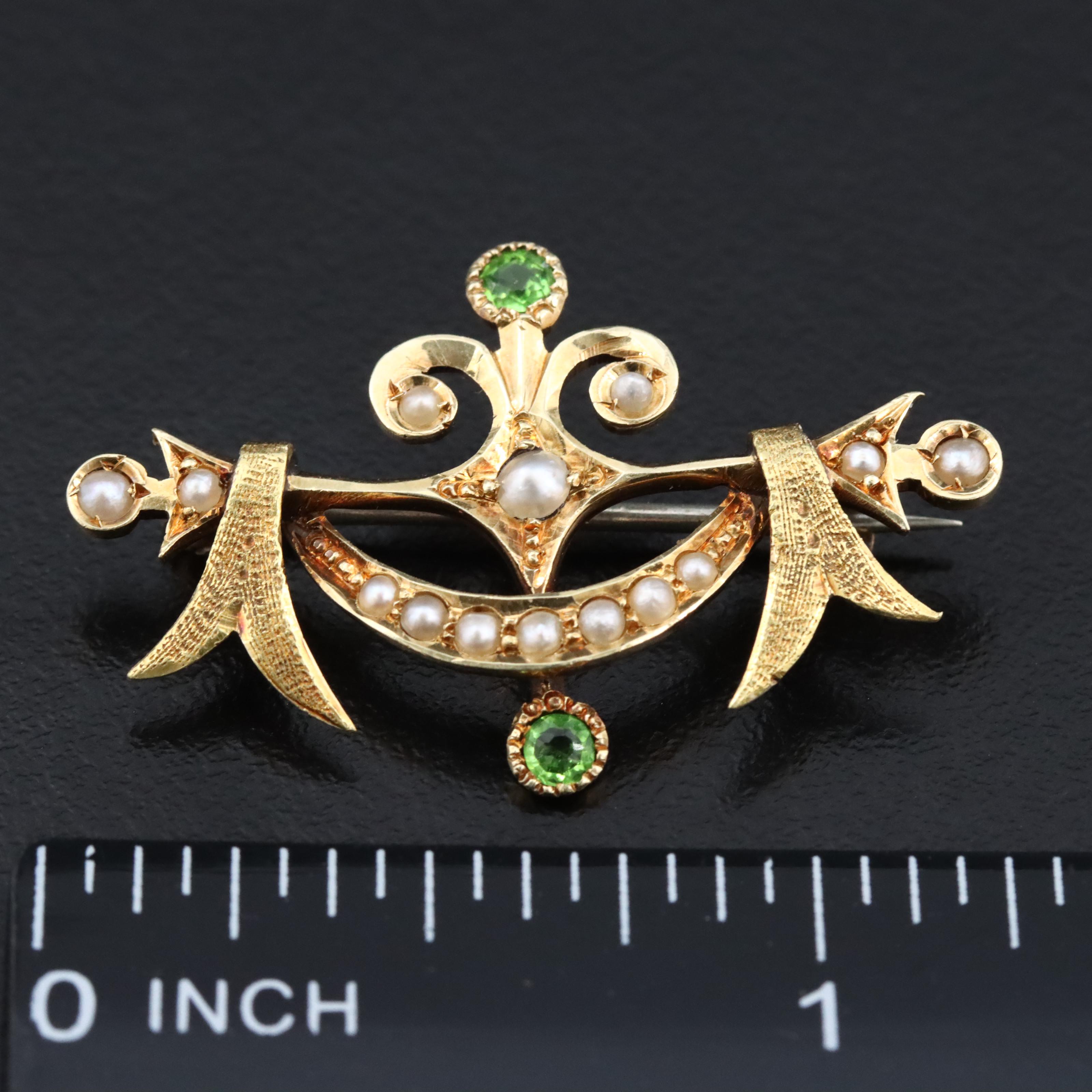 Antique 14K Glass and Seed Pearl Ribbon Pin