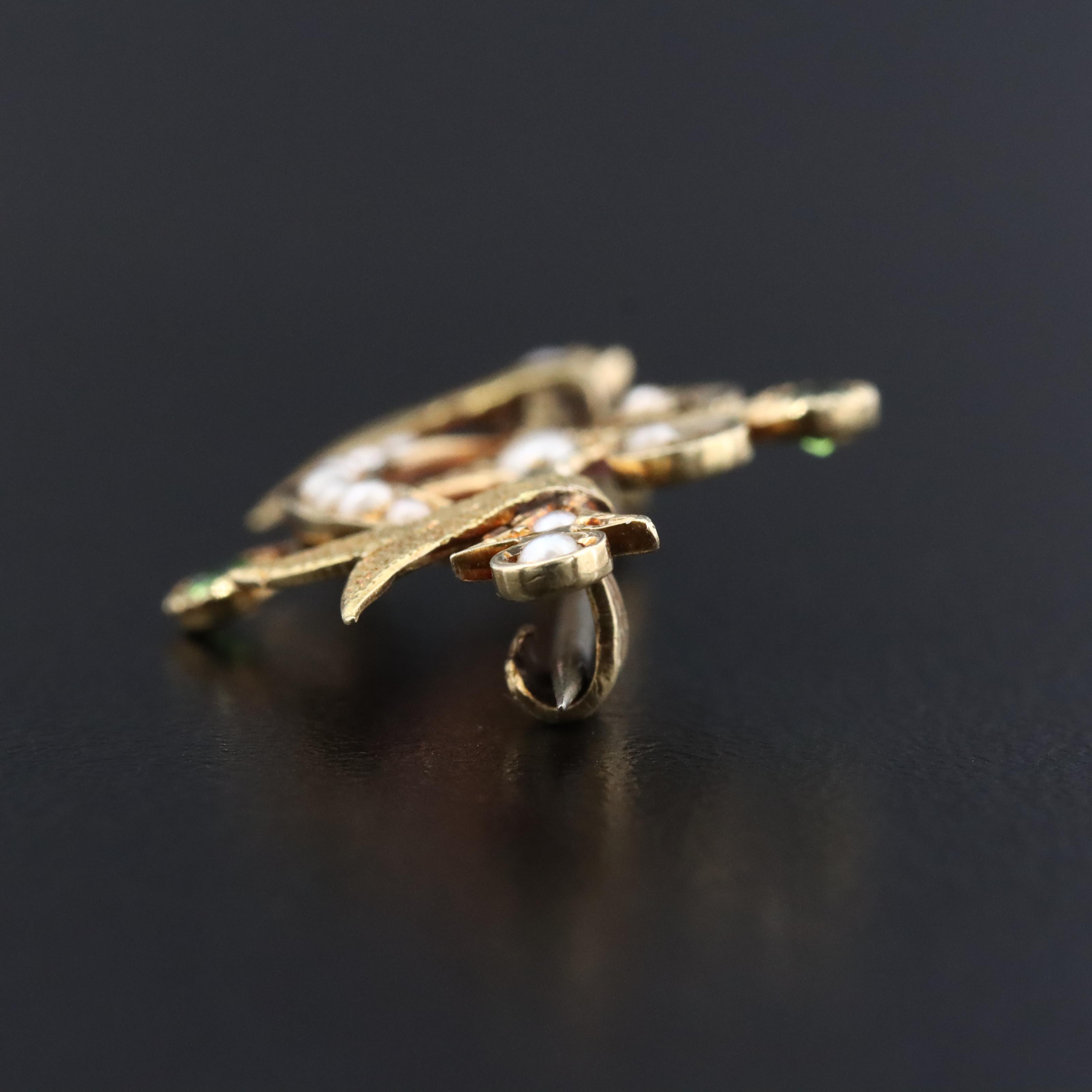 Antique 14K Glass and Seed Pearl Ribbon Pin