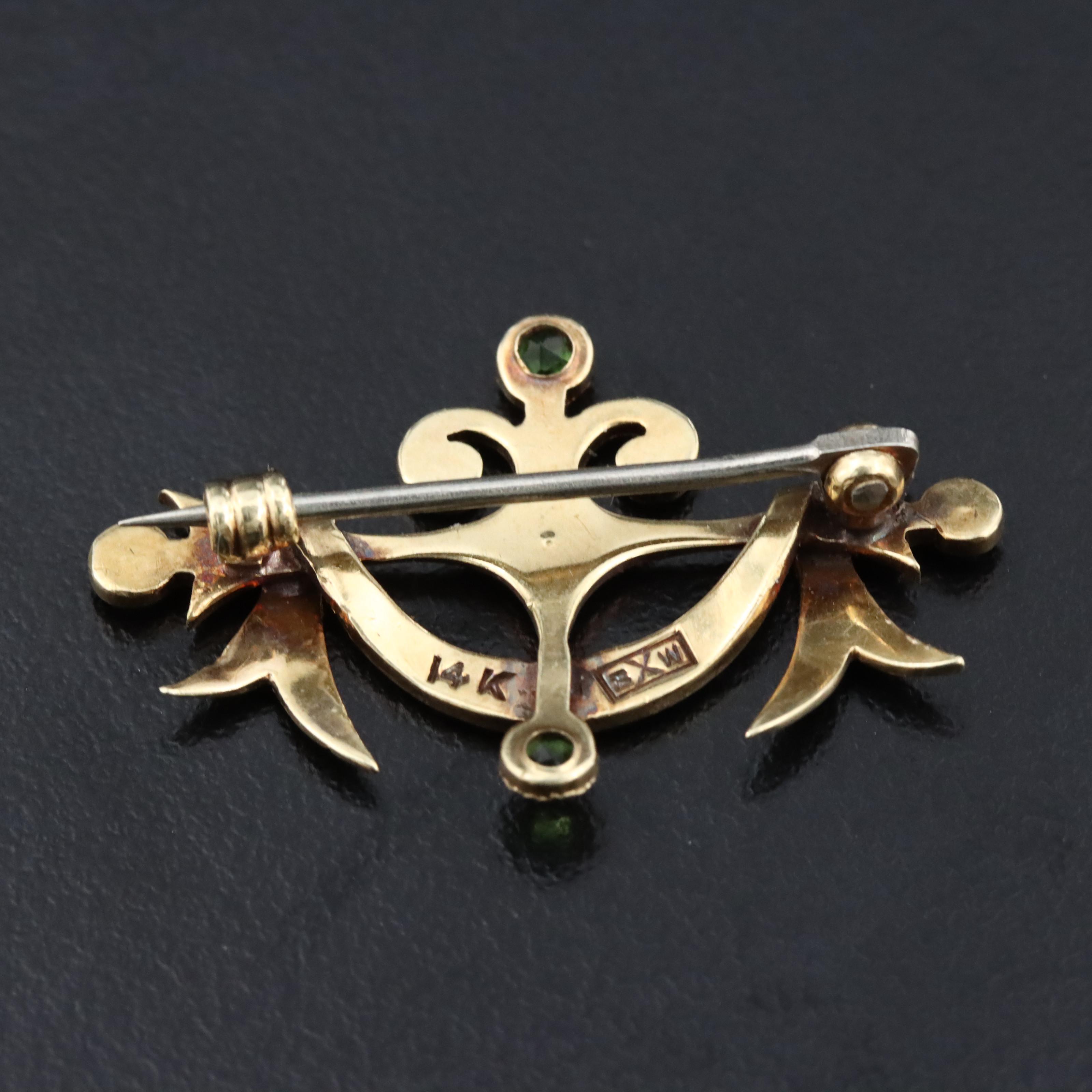 Antique 14K Glass and Seed Pearl Ribbon Pin