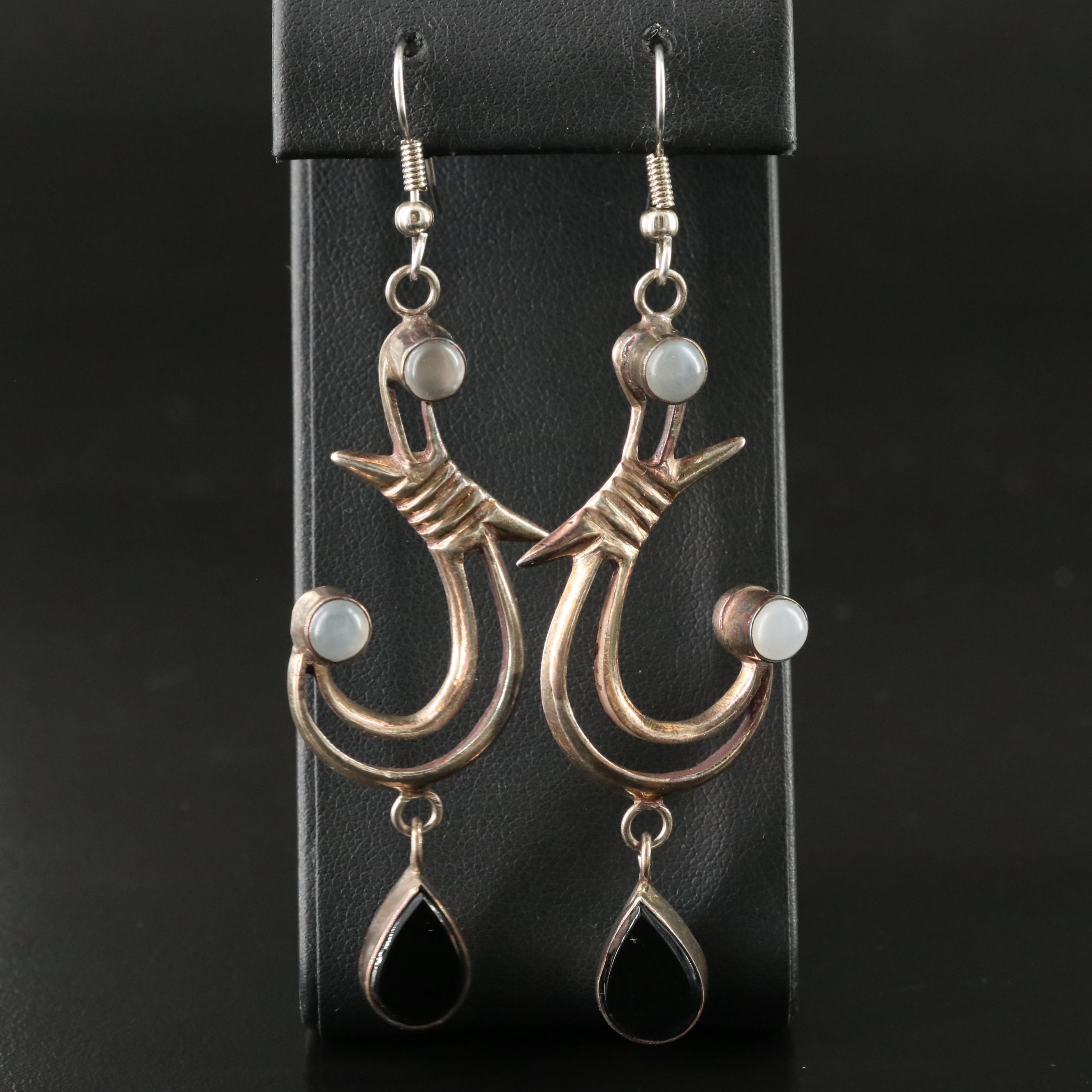Sterling Black Onyx and Moonstone Makau Earrings